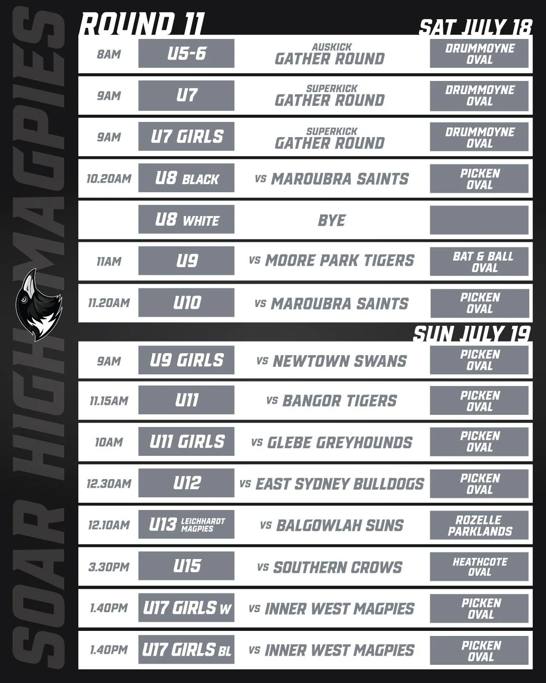 Welcome back! We hope you all had a great couple of weeks off over the school holidays. We are back into it for Round 11 this weekend; we have a venue shift to note.

⚠️ Due to council ground closures, all matches originally scheduled for Wagener Ova