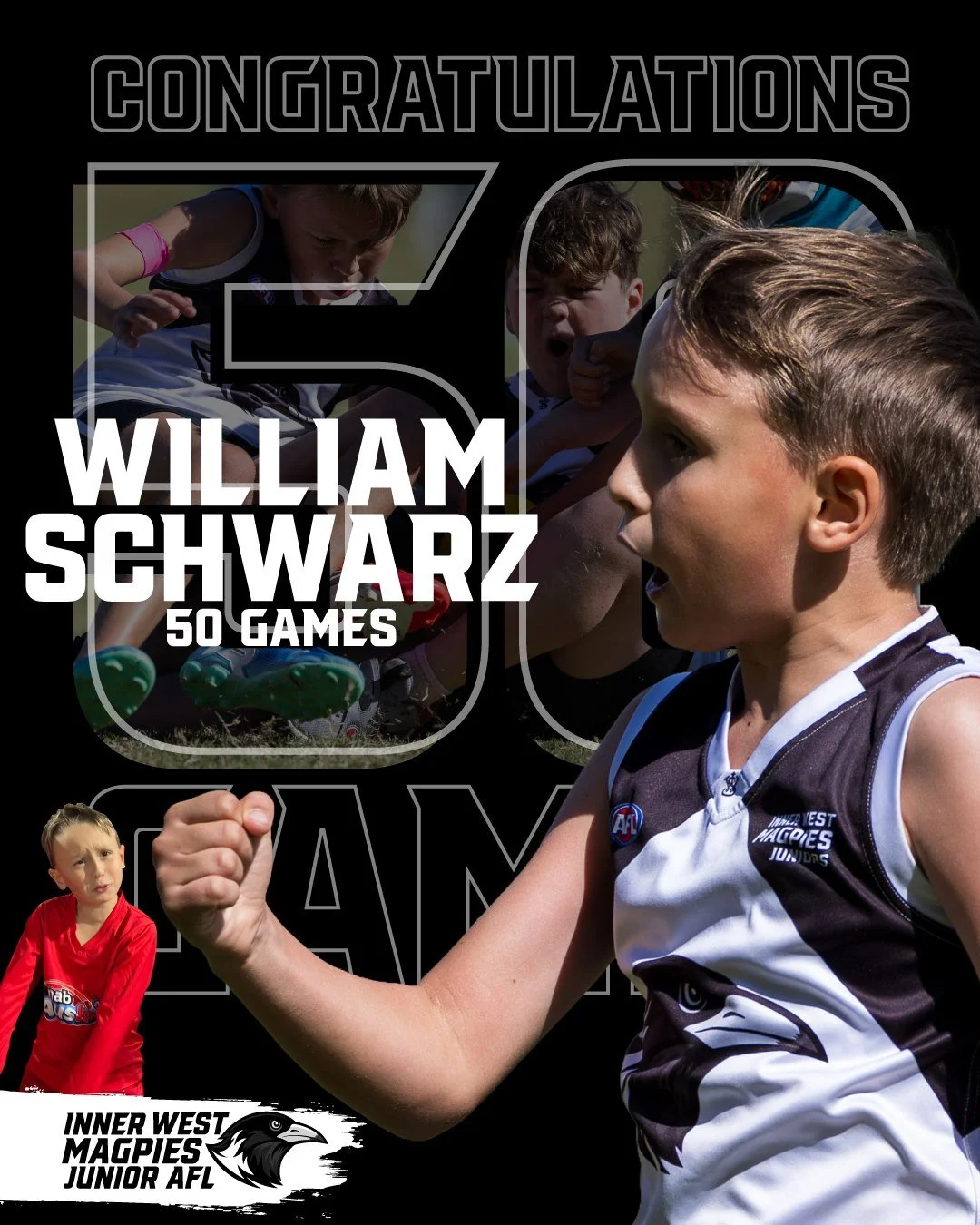 A huge CONGRATULATIONS to one of our own, William Schwarz, who laced up for his 50th GAME for the Inner West Magpies Junior AFL! 🥳🦅

Reaching 50 games in junior footy is a fantastic achievement. Will&rsquo;s dedication, hustle, and team-first attit