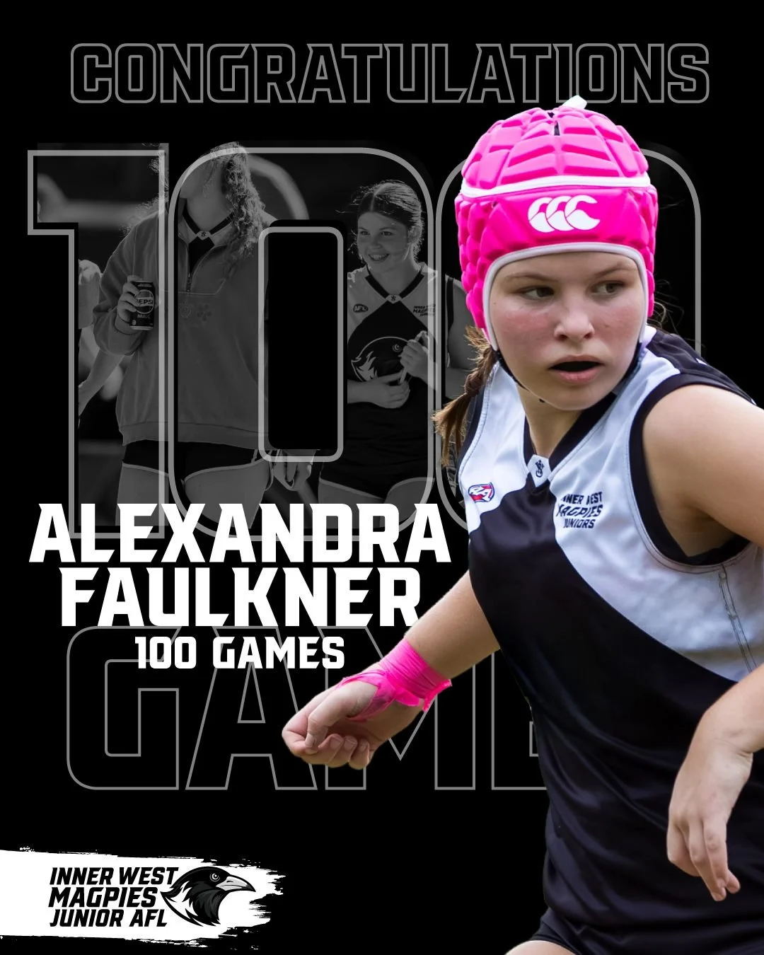 🚨 100 GAMES IN THE BLACK &amp; WHITE! 🚨

A massive congratulations to ALEXANDRA FAULKNER who brought up her 100-GAME MILESTONE in Round 11 last weekend! 💯💥🦅

100 games of heart, hustle, and pure dedication to the Inner West Magpies. From week-in