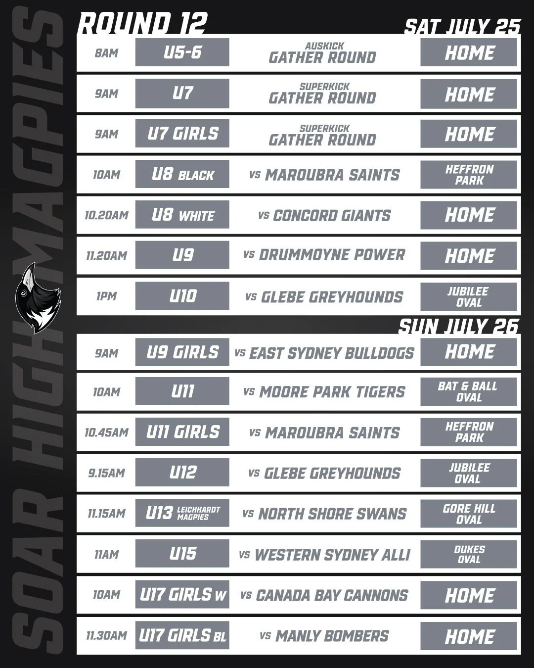 Round 12 is here! 🔥 Huge weekend of footy ahead for the Magpies! From our early morning Auskickers to our U17 Girls, let&rsquo;s bring the energy and show everyone what black and white is all about! ⚡️