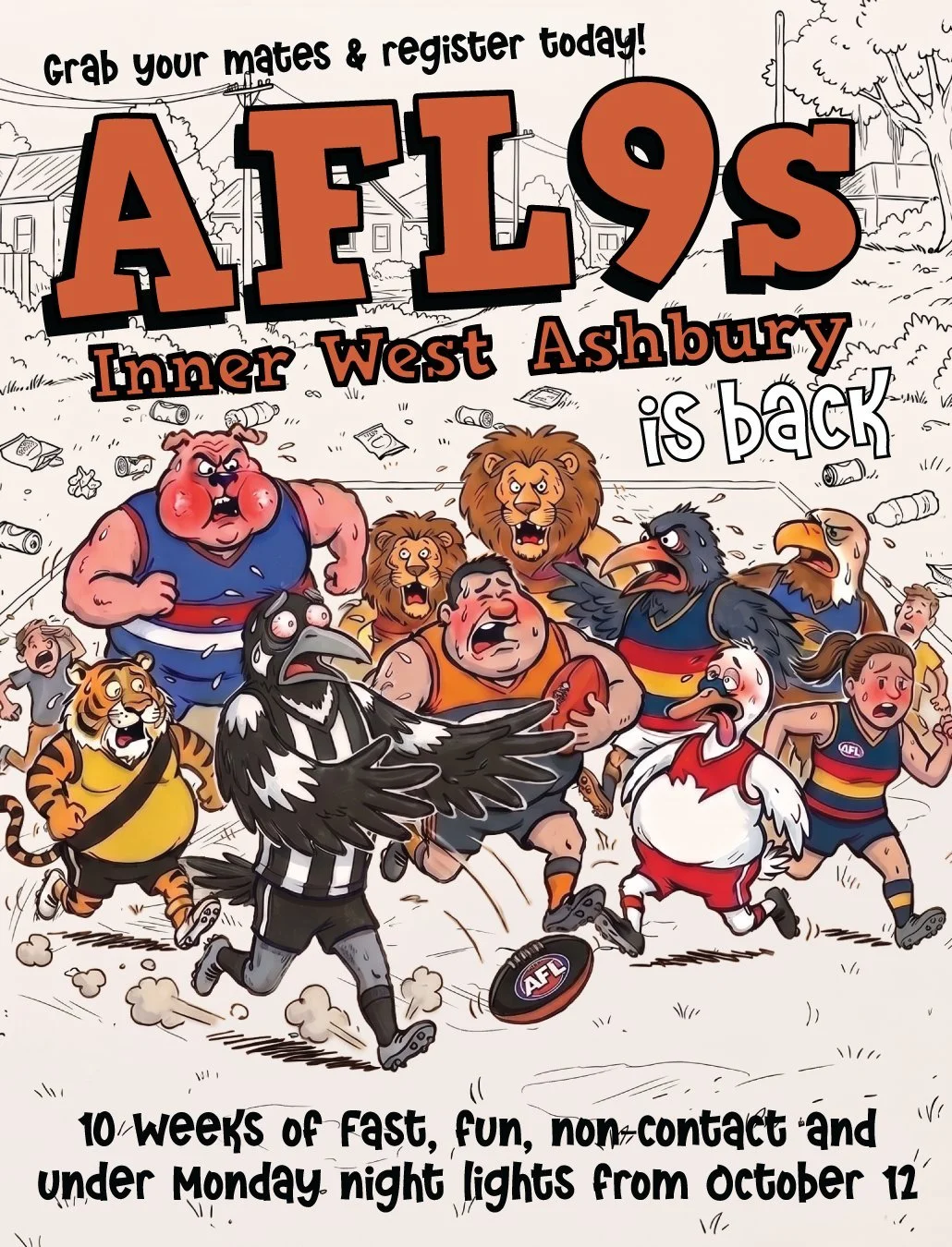 SPRING AFL9's FOOTY IS BACK! 🏉⚡

Dust off the boots&mdash;AFL Nines returns for 10 weeks of fast, fun, non-contact footy under Monday night lights. All skills, less drills. Whether you&rsquo;re getting the crew back together for a post-season run, l