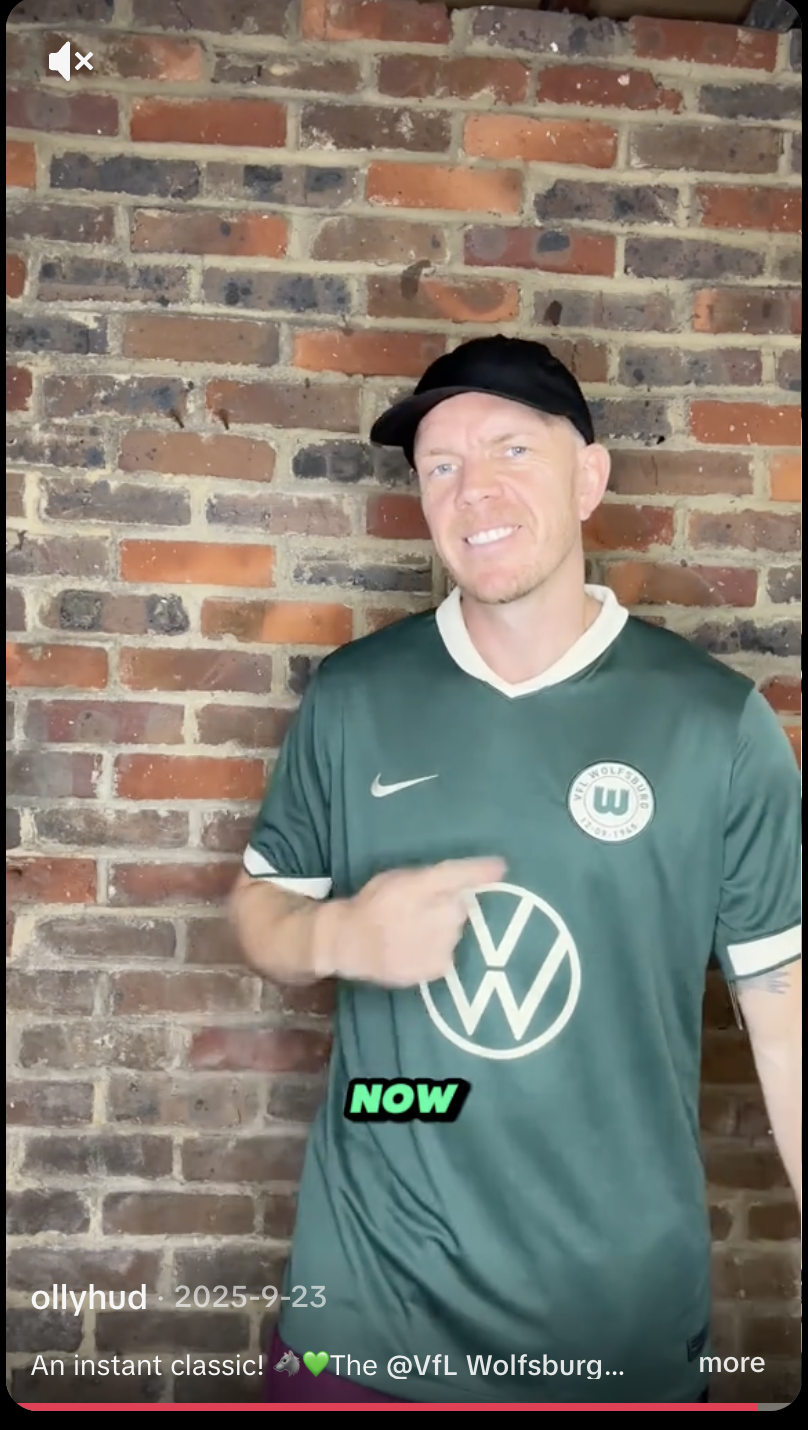 Content creator Olly Huddlestone with the VfL Wolfsburg 80th Anniversary Kit