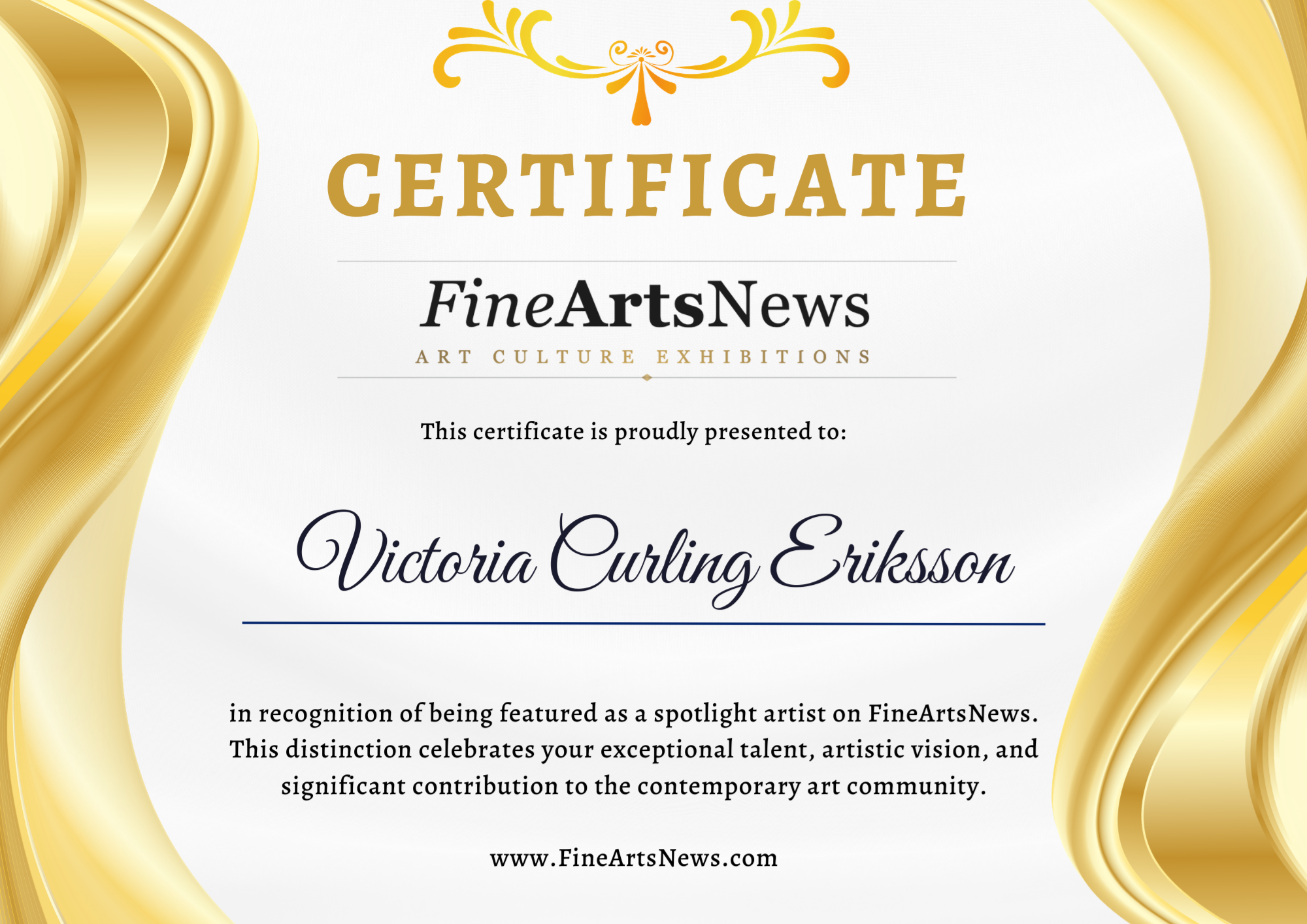 Certificate from Fine Arts News recognizing Victoria Curling Eriksson as a spotlight artist, featuring gold ornamental design, the word 'Certificate' in large gold letters, and text about the achievement.