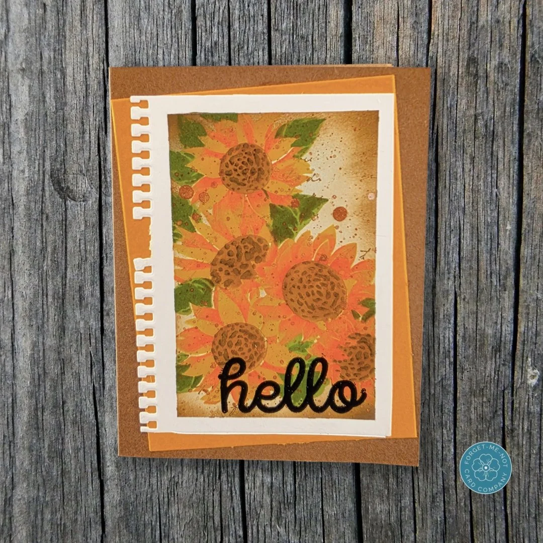 Good day, fellow crafters! A little summer as we go into fall with some stenciled sunflower panels featuring a fun spiral-bound spine detail and a bold die-cut "hello" sentiment. I had so much fun blending the autumn inks for these blooms a