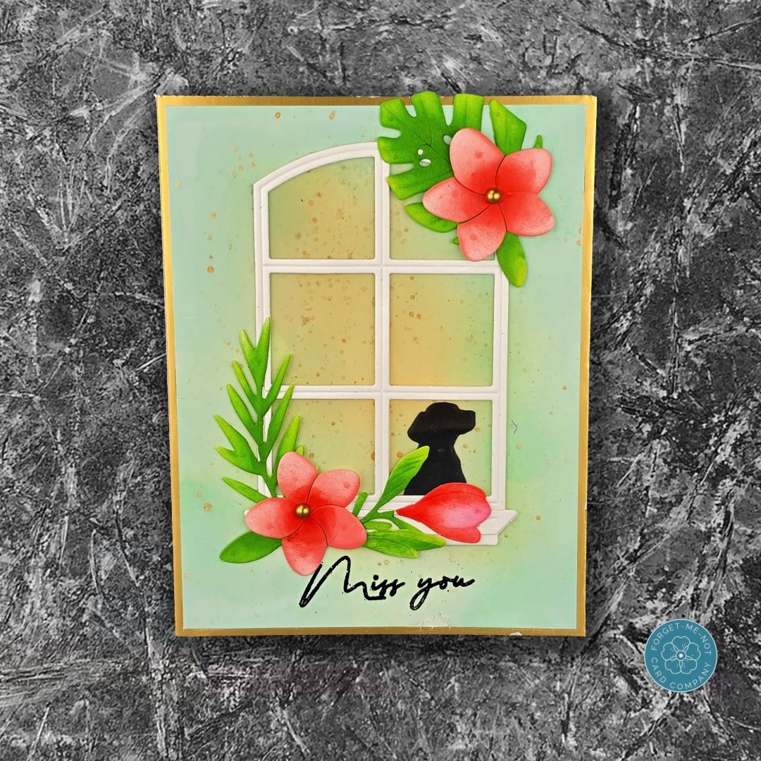 Good day, fellow crafters. This beautiful handmade window-scene card featuring a sweet pup silhouette was inspired by a wonderful class taught by the talented Janet Pinho-Goldman (@rjpg11). 🌿🌸

For this design, a crisp white window frame overlays a