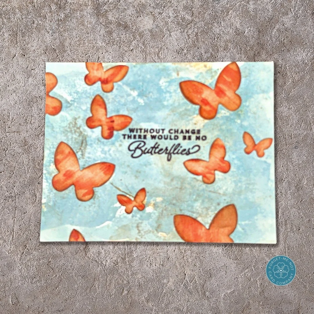 Good day, fellow crafters. This dreamy handmade greeting card pairs soft, sky-blended cloud backgrounds with vibrant coral-orange butterflies to send a beautiful message of hope and transformation. 🦋☁️

For this design, the background panel features