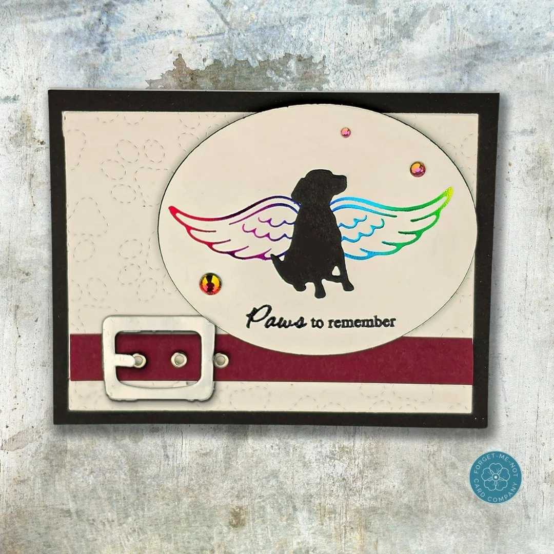 Good day, fellow crafters! 🐾✨

I wanted to share a very special and tender project from the craft room today. This handmade pet sympathy card features a sweet dog silhouette framed in a soft oval window, complete with gleaming foiled angel wings and
