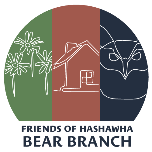 A circular logo for Friends of Hashawha Bear Branch, divided into three sections with illustrations of flowers, a house, and an owl, on a white background.