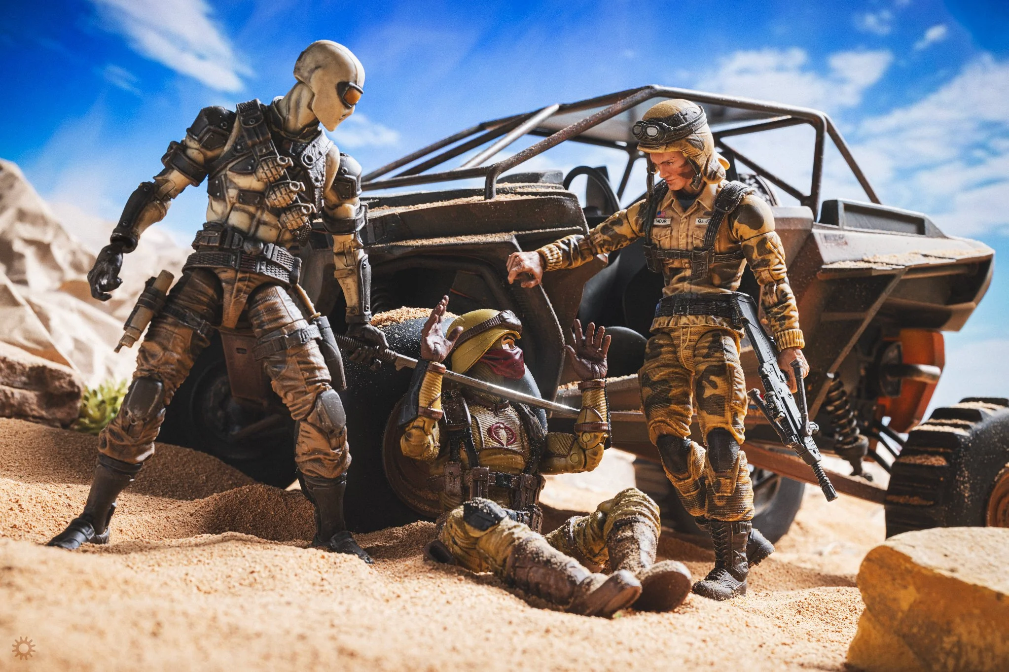 G.I. Joe Classified Desert Commando Snake-Eyes and Dusty with captured Desert Ops Cobra Officer and Dune Buggy in Trucial Abysmia