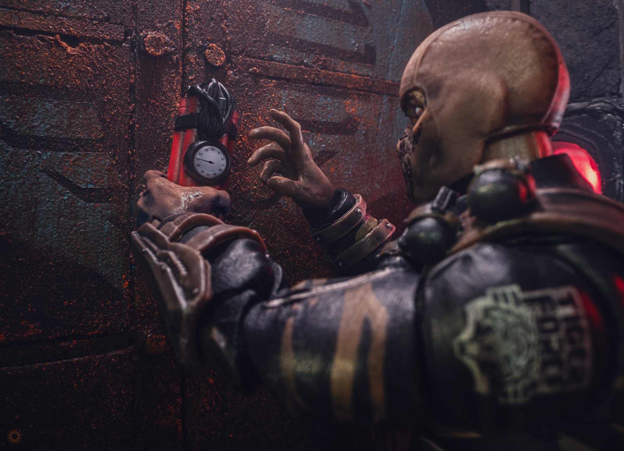 G.I. Joe Classified Tiger Force Wreckage planting a bomb on a rusty door of an old Cobra Bunker on Cobra Island