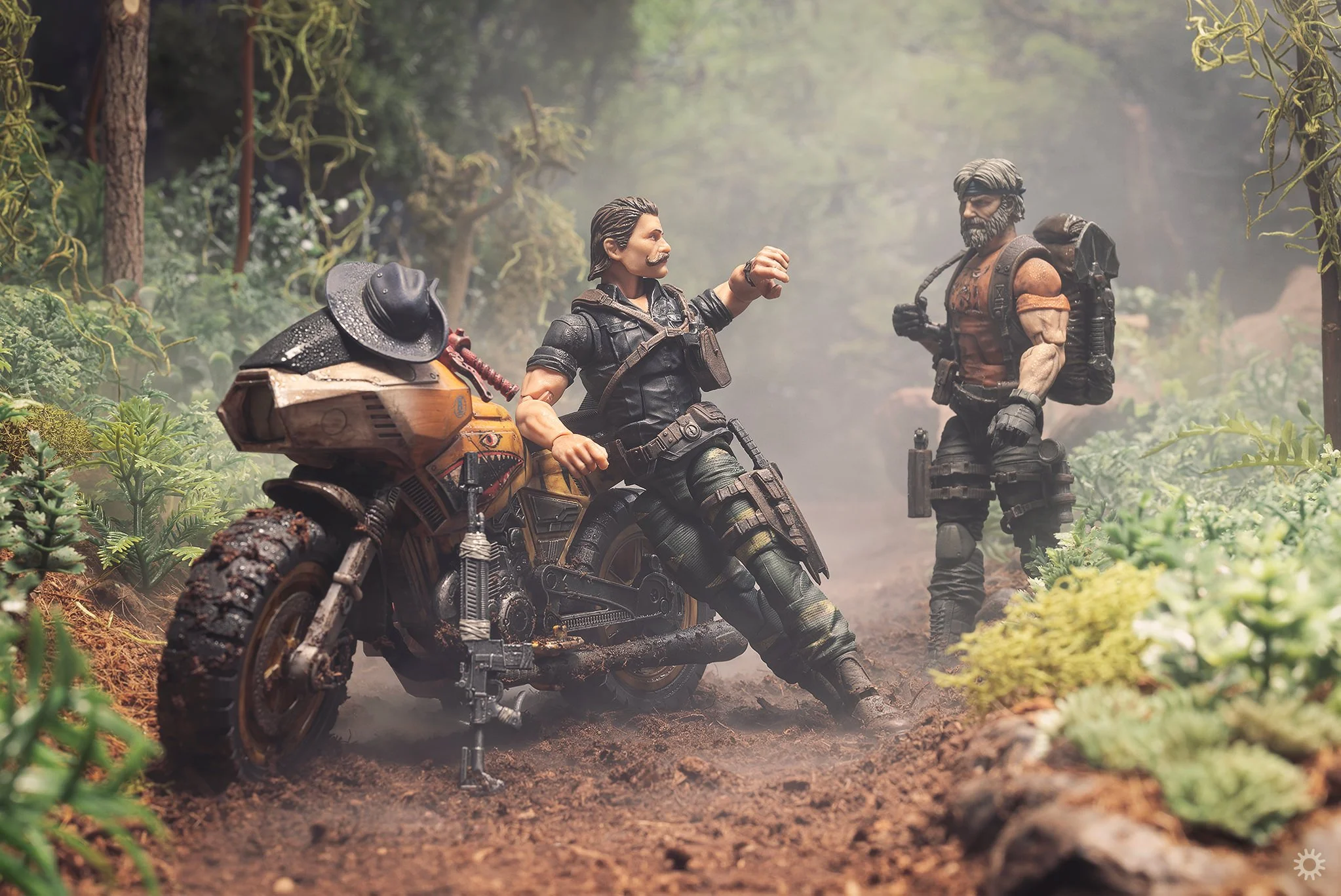 G.I. Joe Classified Tiger Force Recondo leaning on a Tiger RAM Cycle as Outback emerges from the jungle in Sierra Gordo