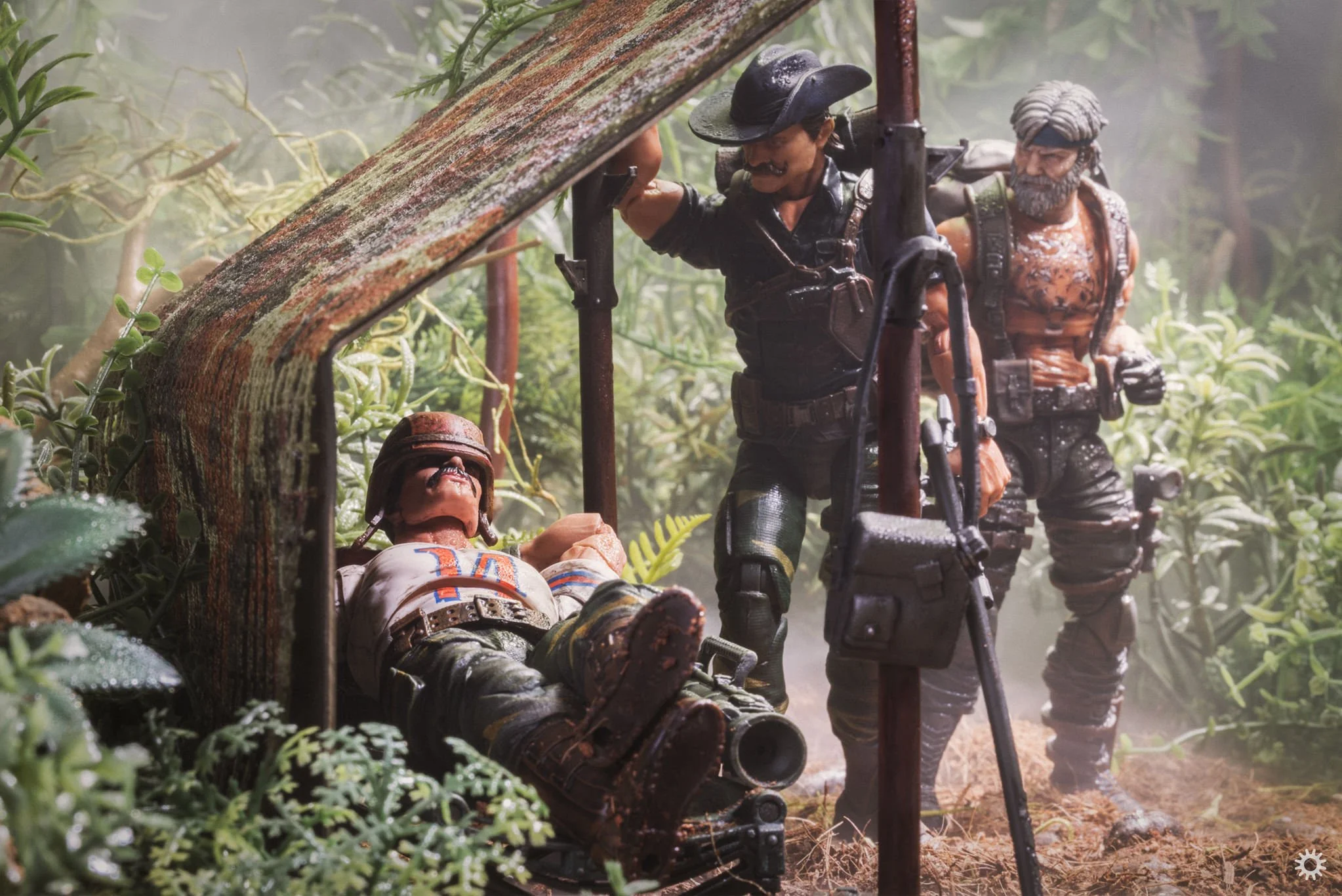 G.I. Joe Classified Tiger Force Recondo and Outback meeting up with Bazooka who's asleep in a camouflaged Bivouac somewhere in the jungles of Sierra Gordo