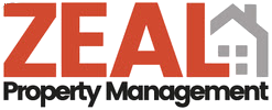 Zeal Property Management logo with red and gray text and a house graphic.