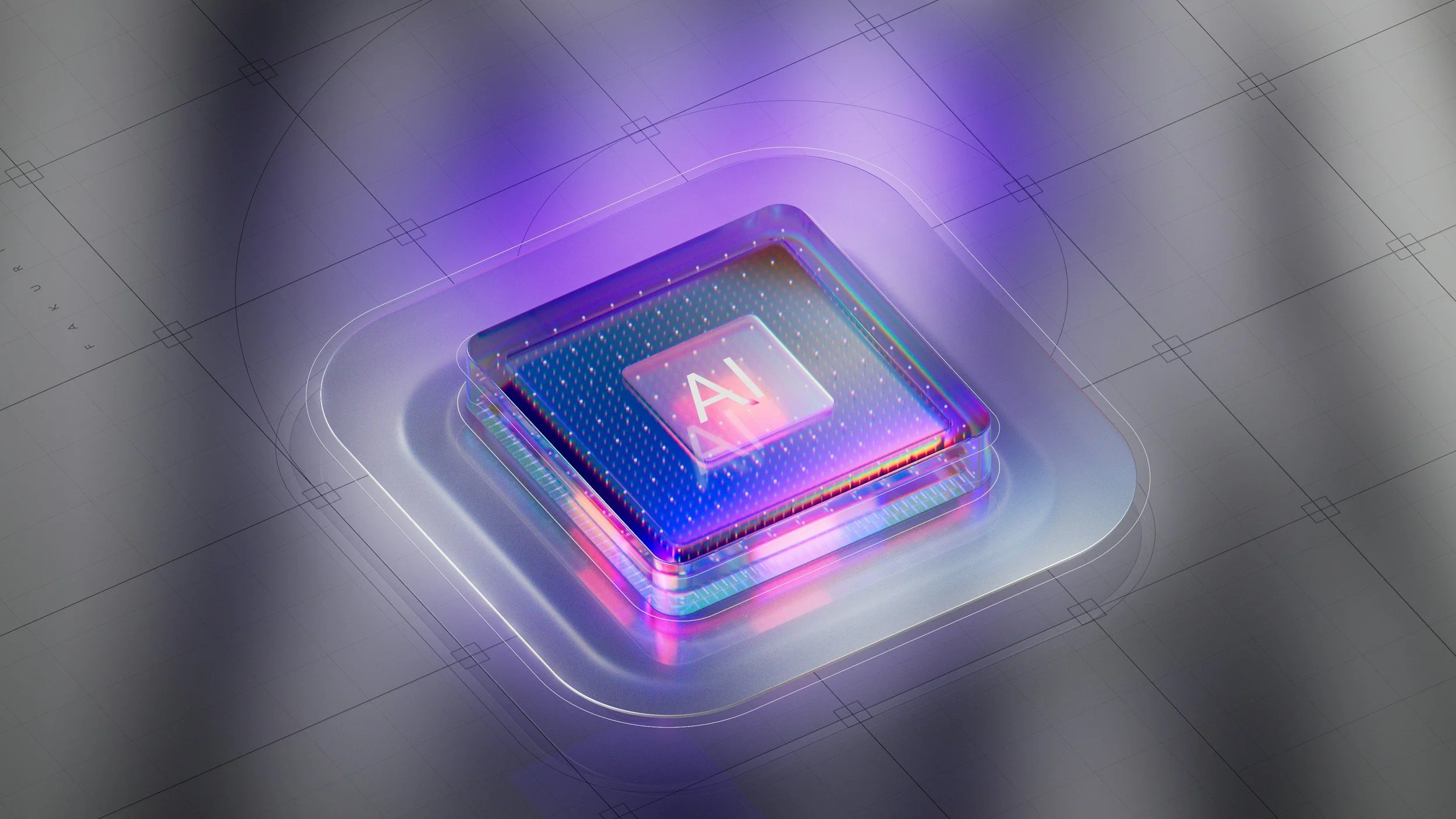 A holographic representation of a computer processor with the letters 'AI' on it, illuminated with purple and blue lights.