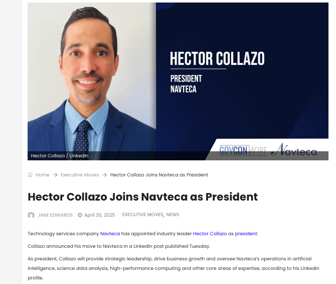 Professional headshot of Hector Collazo, President of Navteca, in a suit and tie next to a digital graphic with his name and title.