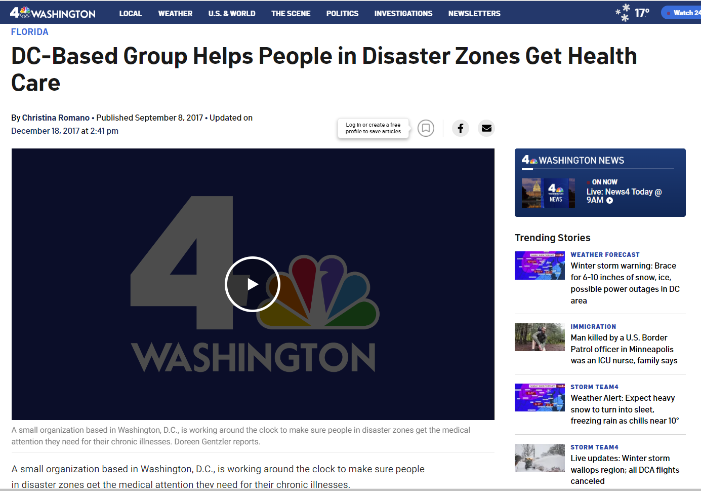 Screenshot of a news article from NBC Washington titled 'DC-Based Group Helps People in Disaster Zones Get Health Care,' published on September 8, 2017. The NBC 4 Washington logo is displayed prominently in the center.