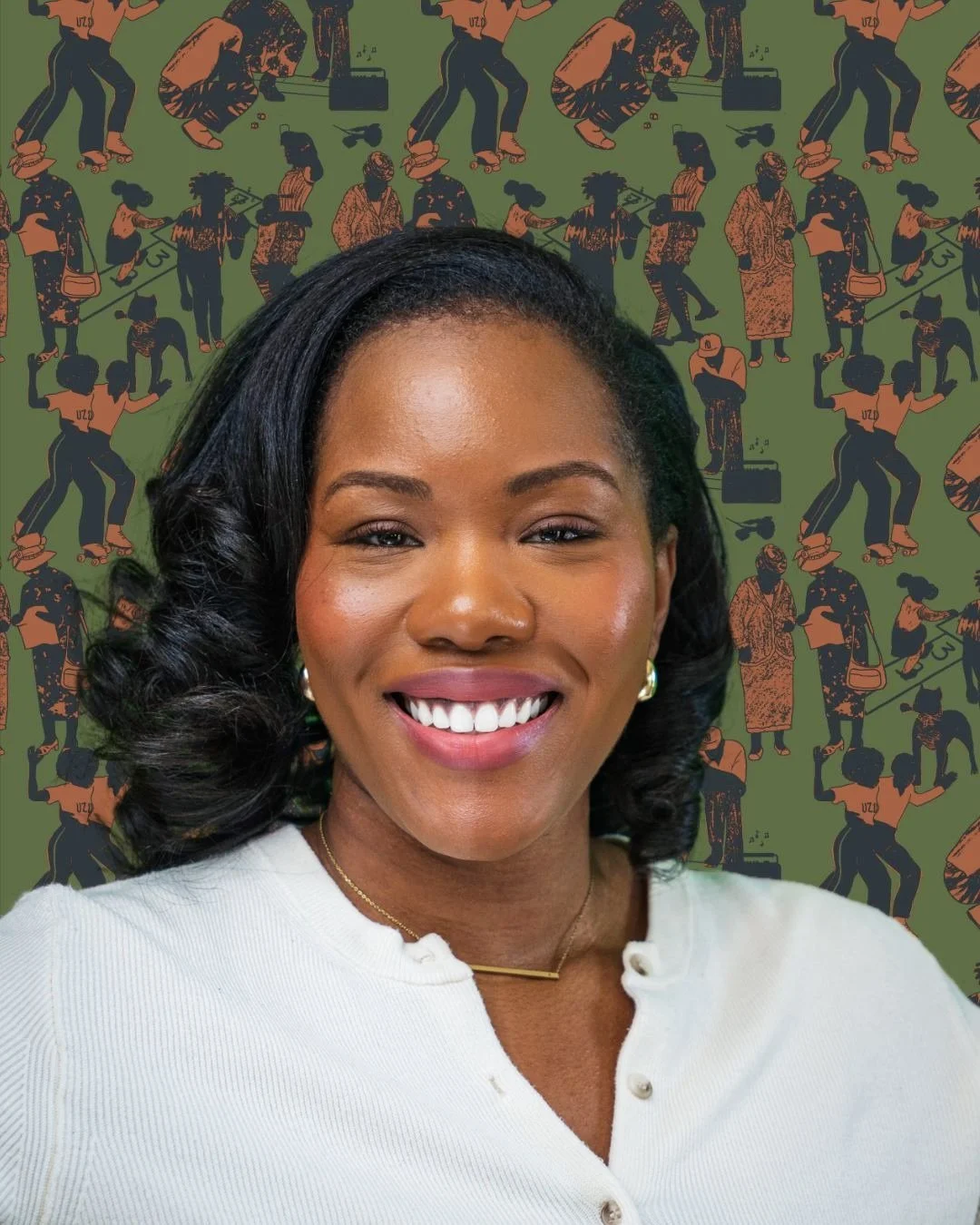 Portrait of a smiling Black woman with curly black hair, wearing a white blouse, earrings, and a gold necklace, with a patterned background featuring people in various activities.
