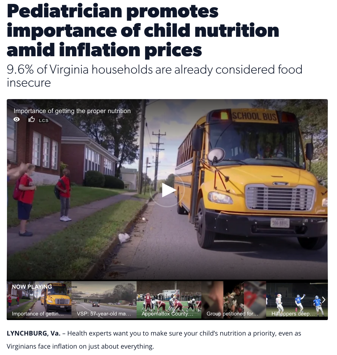 A screenshot of a news article with a headline about a pediatrician promoting the importance of child nutrition amid inflation prices. The image shown features two children standing near a yellow school bus parked on a street, with a school building and trees in the background.