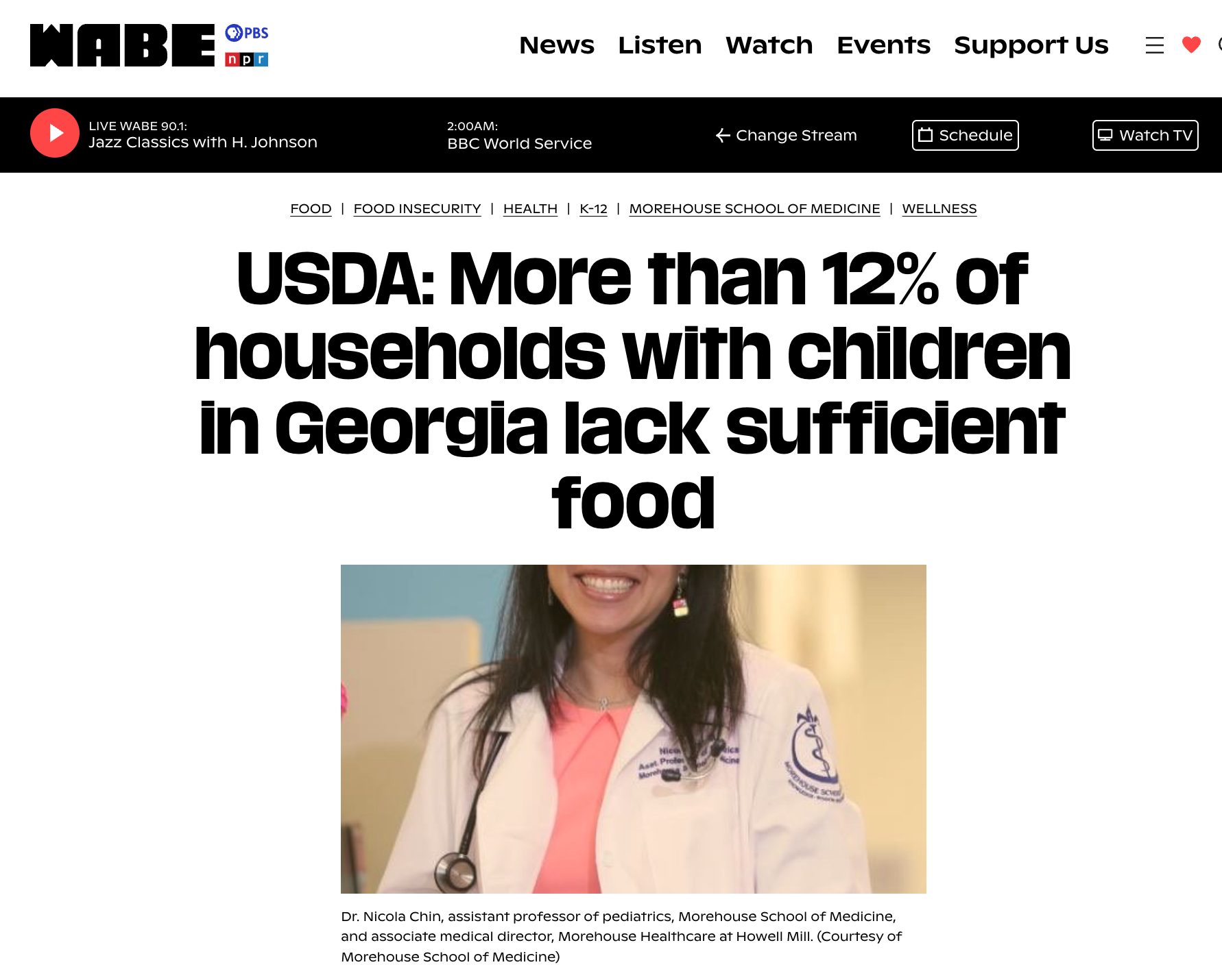 Screenshot of a news website article with a headline that reads, 'USDA: More than 12% of households with children in Georgia lack sufficient food.' The article includes a photo of Dr. Nicola Chin, a female doctor in a white medical coat, smiling, with a stethoscope around her neck.