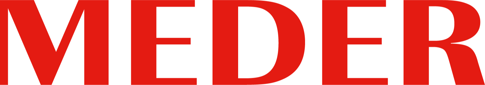 Close-up of the word "MEDER" in bold red letters on a white background.