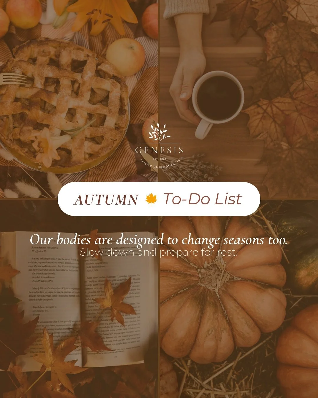 ✨ AUTUMN is here &mdash; time to slow down, breathe deep, and enjoy life&rsquo;s simple comforts.
Our bodies are meant to flow with the seasons, so take this time to rest, reflect, and recharge.

🍁 Cozy up in a sweater
🍎 Sip something warm
📖 Read,
