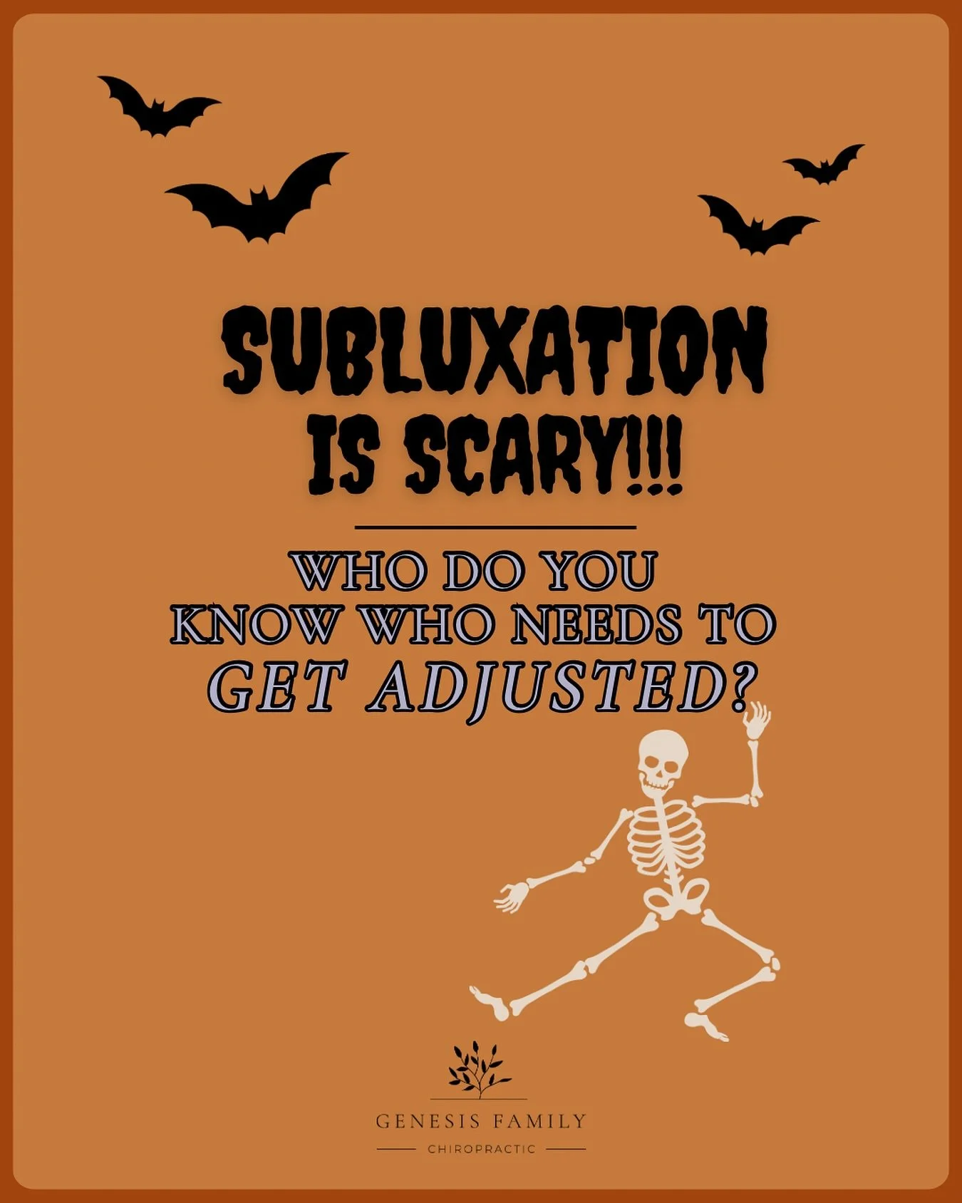 👻💀 Subluxation is scary &mdash; it messes with how your body functions!

Don&rsquo;t let nerve interference haunt your health this season. 🎃✨

Who do you know that needs to get adjusted and feel their best? Tag them below!👇

#subluxation #functio