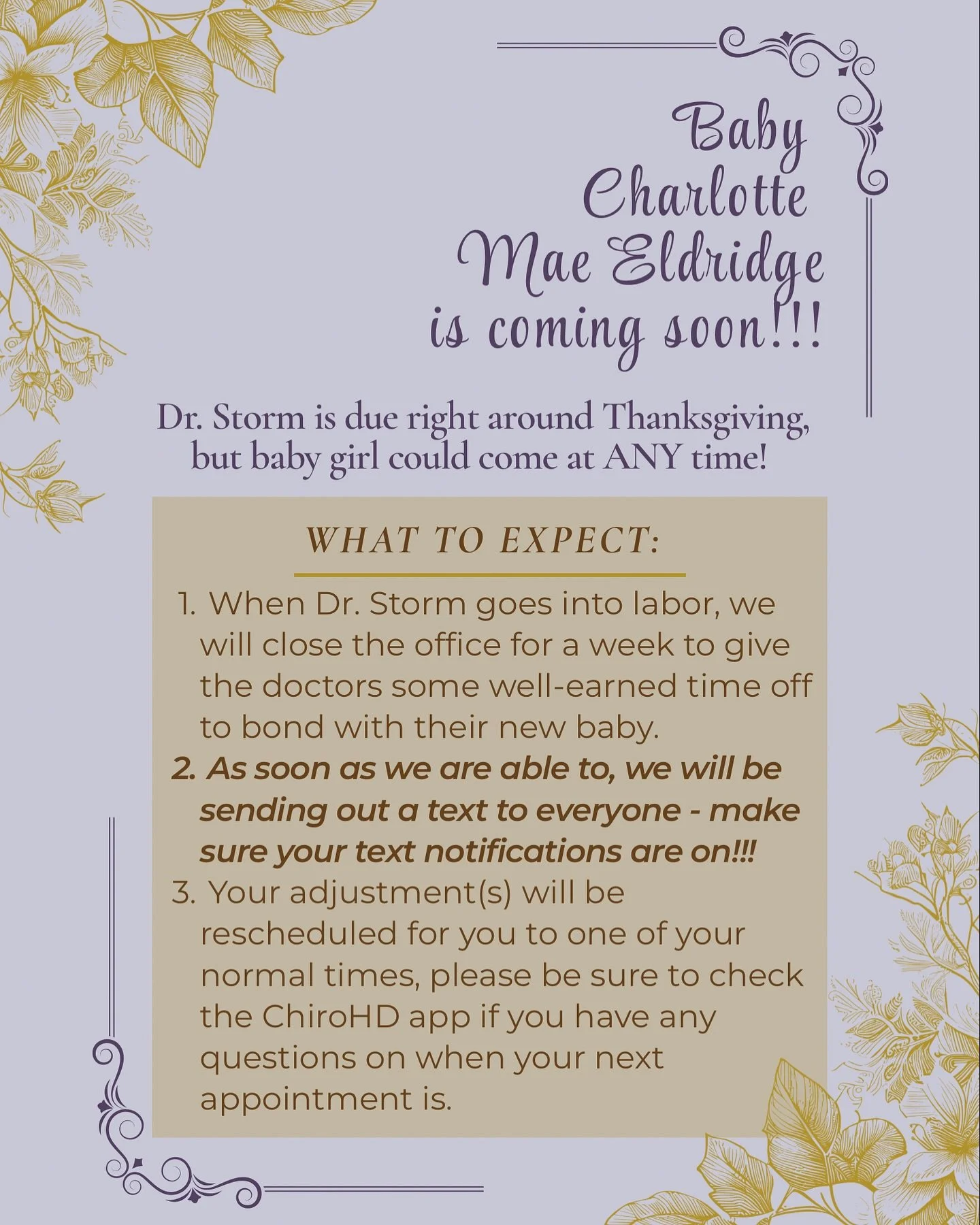 🌸 Exciting news &mdash; Baby Charlotte Mae Eldridge is on her way! 💕

Dr. Storm is due right around Thanksgiving, but our little bundle of joy could arrive at any moment! 👶✨

Here&rsquo;s what to expect when it&rsquo;s go-time:
💜 The office will 