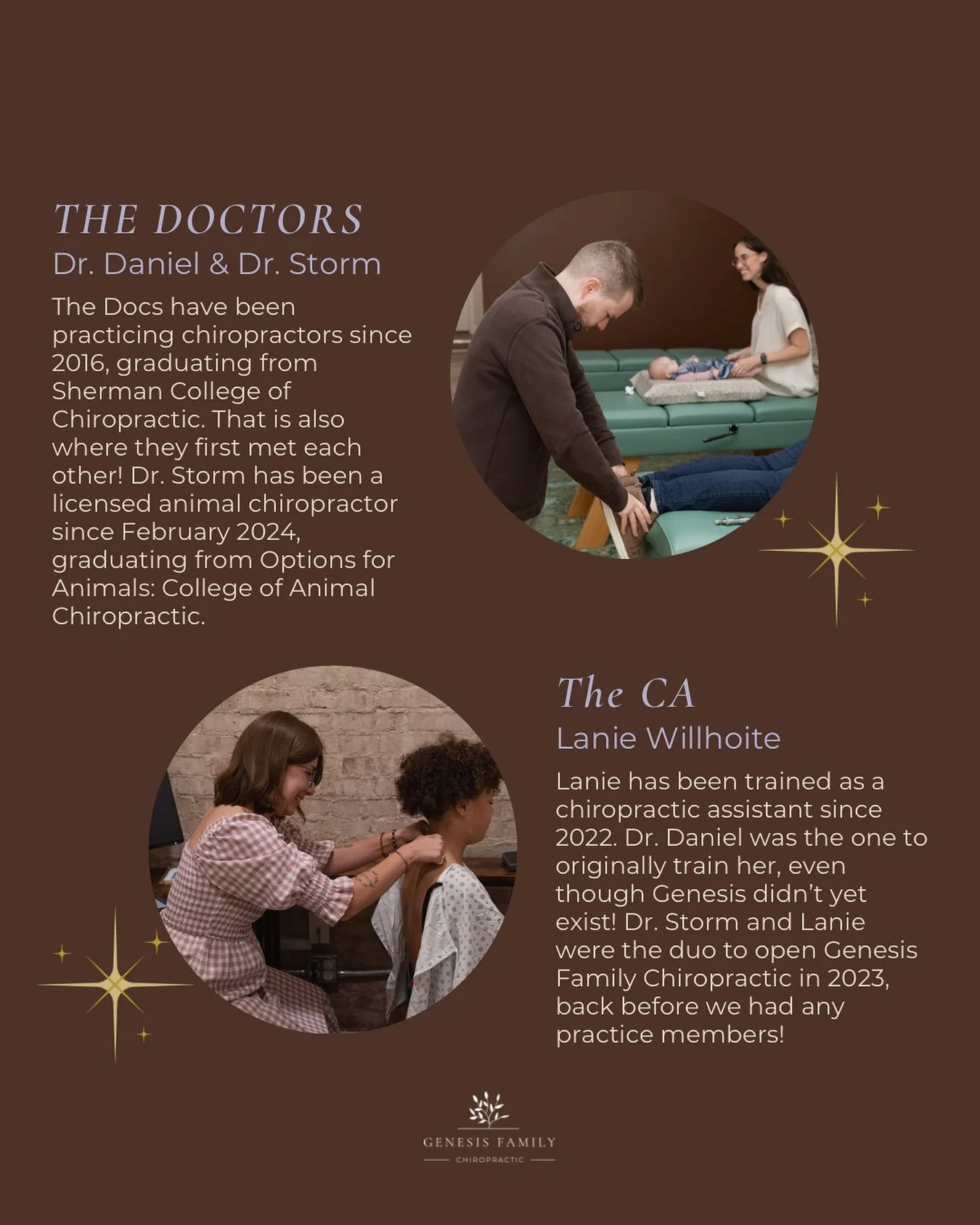 Every practice has a story &mdash; and ours starts with two chiropractors who met in school, a CA who believed in the vision, and a community that gave us purpose. ✨

Get to know the faces and hearts behind Genesis Family Chiropractic🤎

#chiropracti