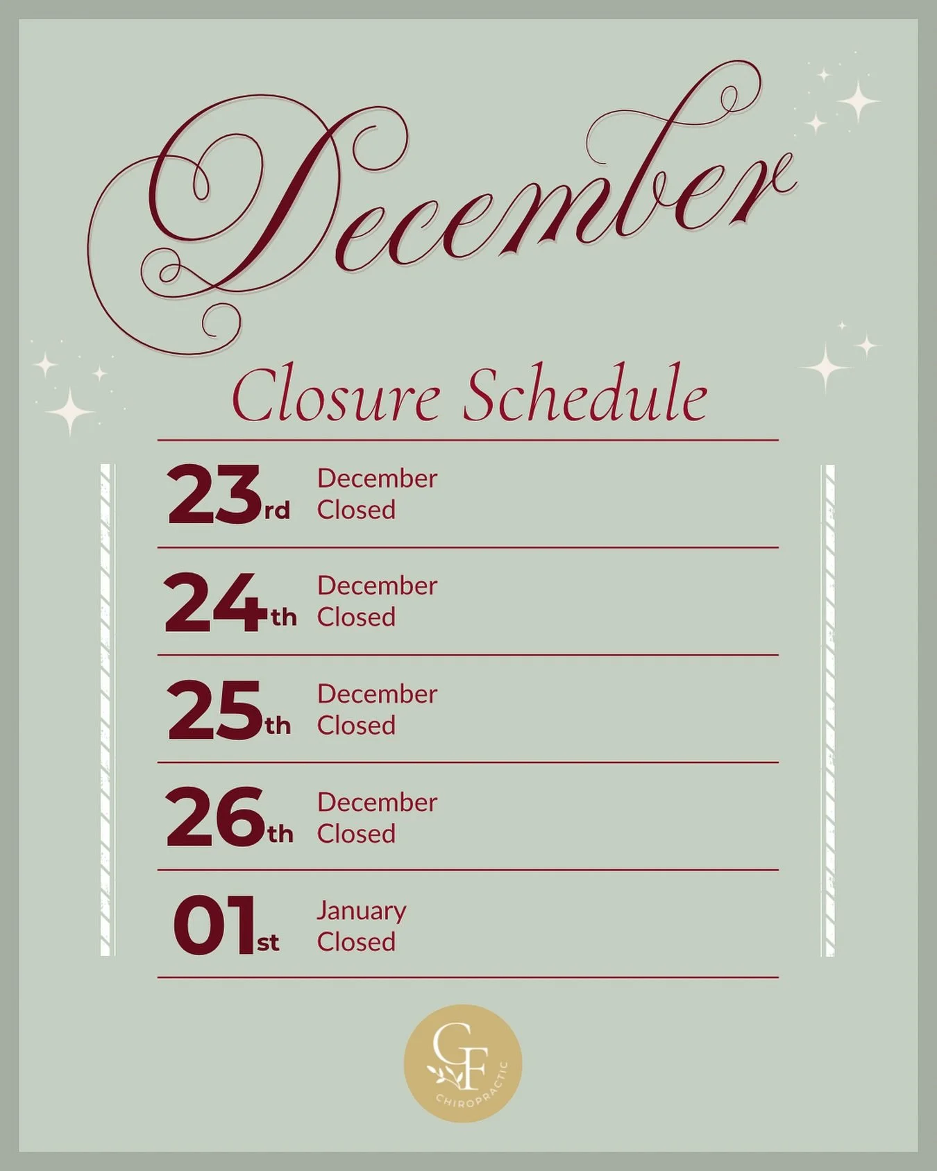 🎄 December Office Closure Schedule 🎄

As we head into the holiday season, our office will be closed on the following dates so our team can rest, reset, and spend time with loved ones:

📅 December 23&ndash;26
📅 January 1

We&rsquo;ll be back and r