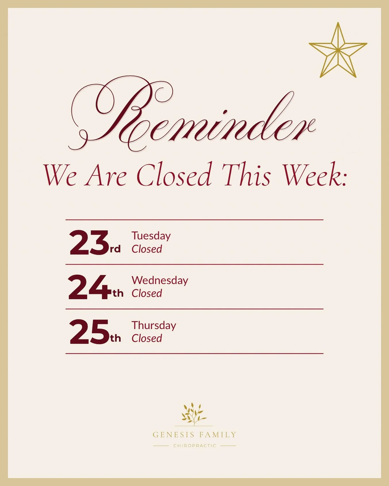 ✨ Christmas Closure Reminder ✨

Just a friendly reminder that our office will be closed this week on:
📅 Tuesday, December 23
📅 Wednesday, December 24
📅 Thursday, December 25

We&rsquo;ll be back soon and ready to care for you! Wishing you a very M