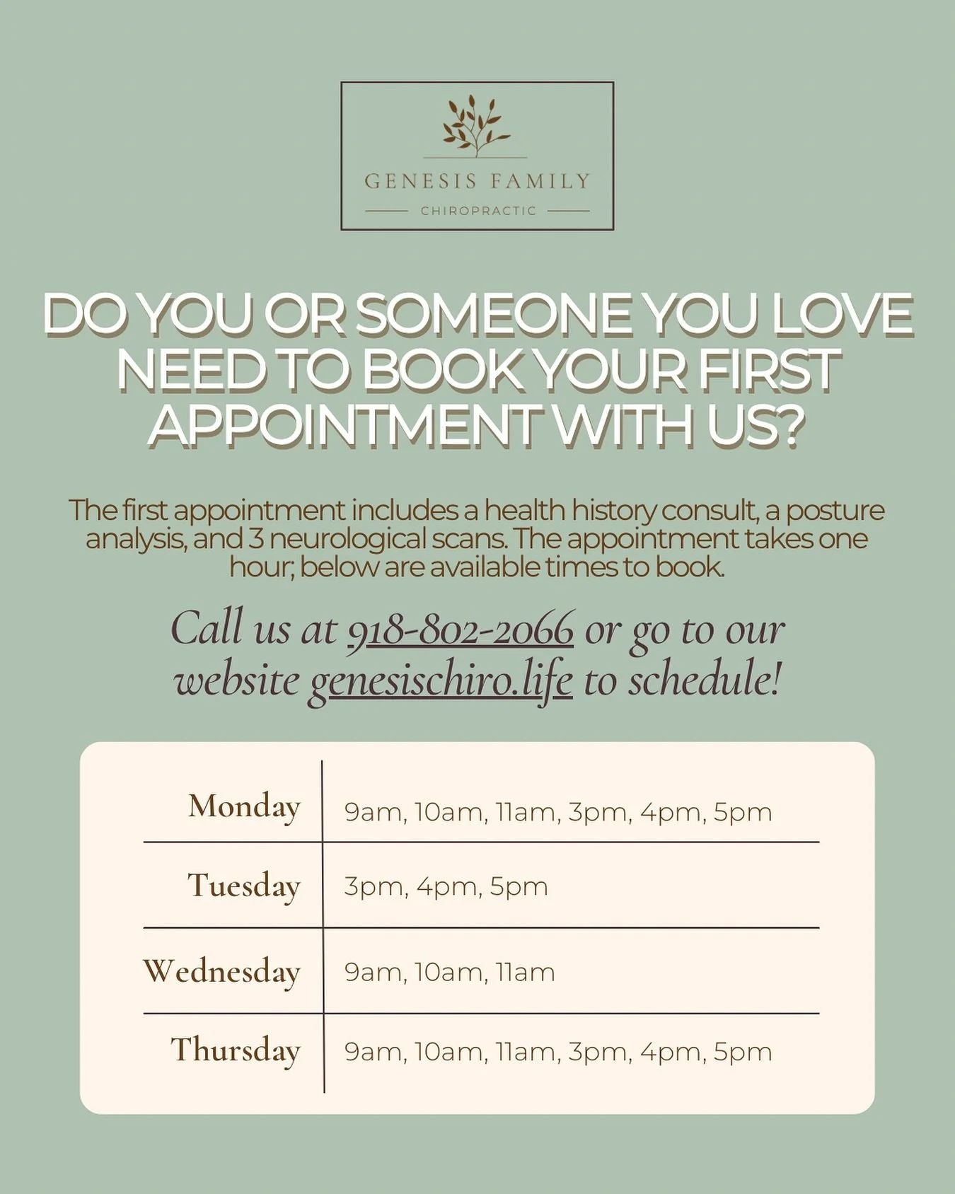 ✨ Ready to take the first step toward better health? ✨

Whether it&rsquo;s for you or someone you love, your first visit at Genesis Family Chiropractic is designed to give us a clear picture of your health and how we can best support your body. From 