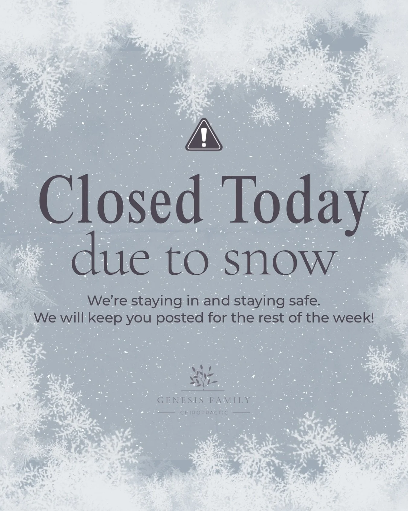 Due to today&rsquo;s snow and slick conditions, our office is closed to keep our community and team safe ❄️

A member of our team will be reaching out to reschedule your appointment, or you&rsquo;re welcome to reschedule directly through the app at y