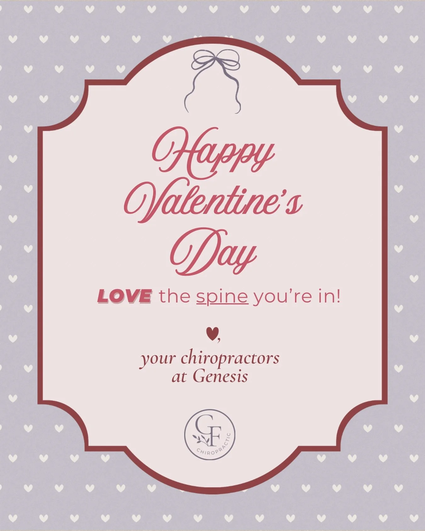 Happy Valentine&rsquo;s Day from all of us at Genesis! ❤️

We&rsquo;re so grateful for the families and individuals who trust us with their health. Don&rsquo;t forget to show your spine a little love, too.

#valentinesday #healthyliving #selfcare #ch