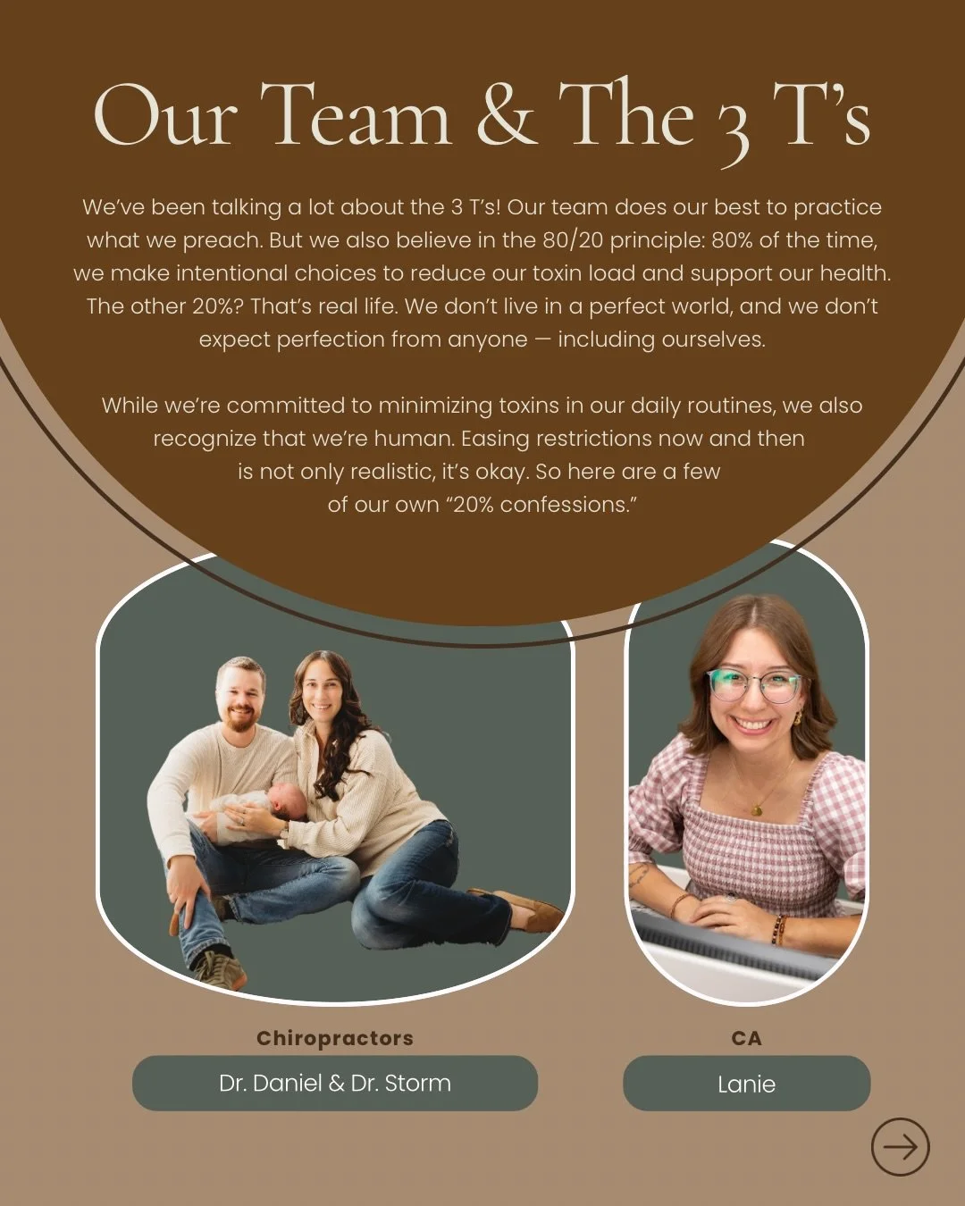 We talk a lot about the 3 T&rsquo;s &mdash; physical, chemical, and emotional stress.

But here&rsquo;s the truth:
We don&rsquo;t live perfectly either.

We believe in the 80/20 principle.
80% of the time, we make intentional choices to reduce stress