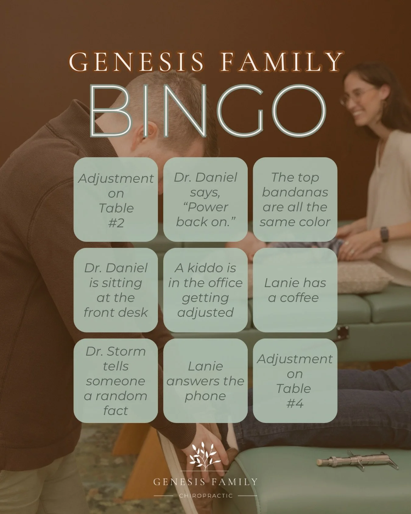 It&rsquo;s BINGO day at Genesis Family 👀

If you&rsquo;ve been in our office, you know&hellip;
&bull; Someone is always getting adjusted
&bull; Someone is always answering the phone
&bull; And yes&hellip; Dr. Daniel probably said, &ldquo;Power back 