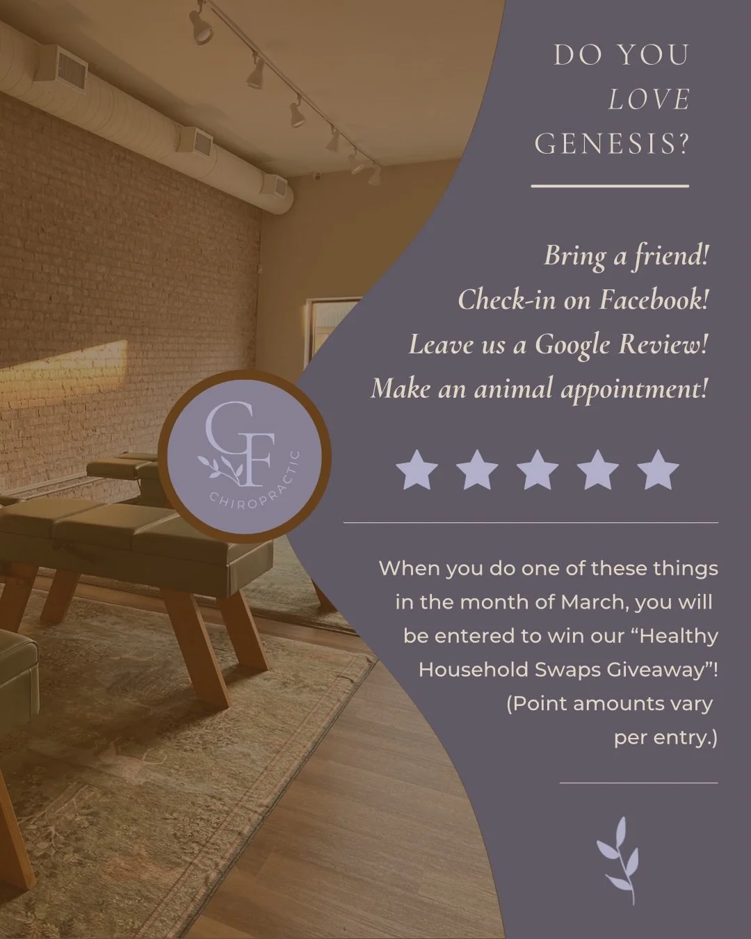 Do you love Genesis? 🤍

March is your month to share the love &mdash; and get rewarded for it.

When you:
✨ Refer a friend
✨ Book an animal appointment
✨ Leave a Google review
✨ Check in on Facebook

You&rsquo;ll earn entries into our Healthy Househ