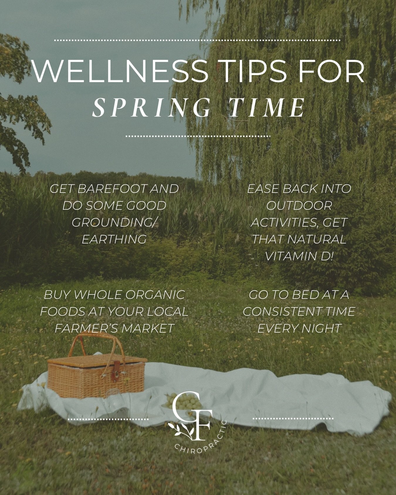 Spring is the perfect time to reset some healthy rhythms. 🌱

Simple habits can make a big difference in how your body functions:

&bull; Get outside and soak up some sunshine ☀️
&bull; Walk barefoot and reconnect with the earth 🌎
&bull; Support loc
