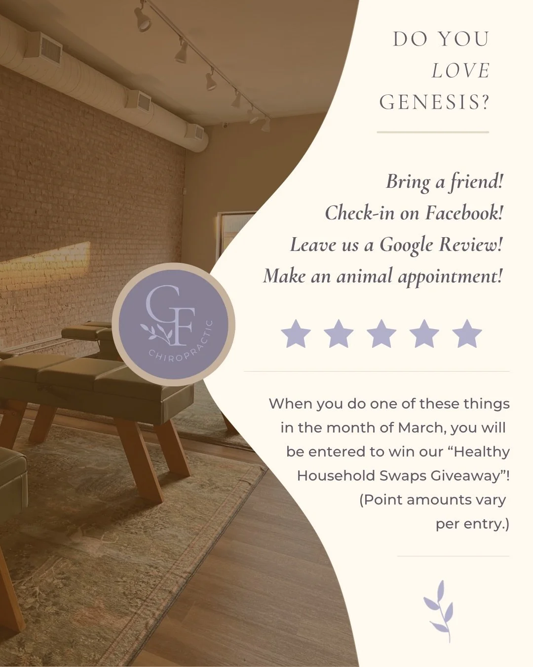 Love being part of the Genesis family? 💚
Here&rsquo;s your chance to share the love and win!

Refer a friend, check in, leave a review, or even book for your furry friend 🐾&mdash;every action earns you entries into our Healthy Household Swaps Givea