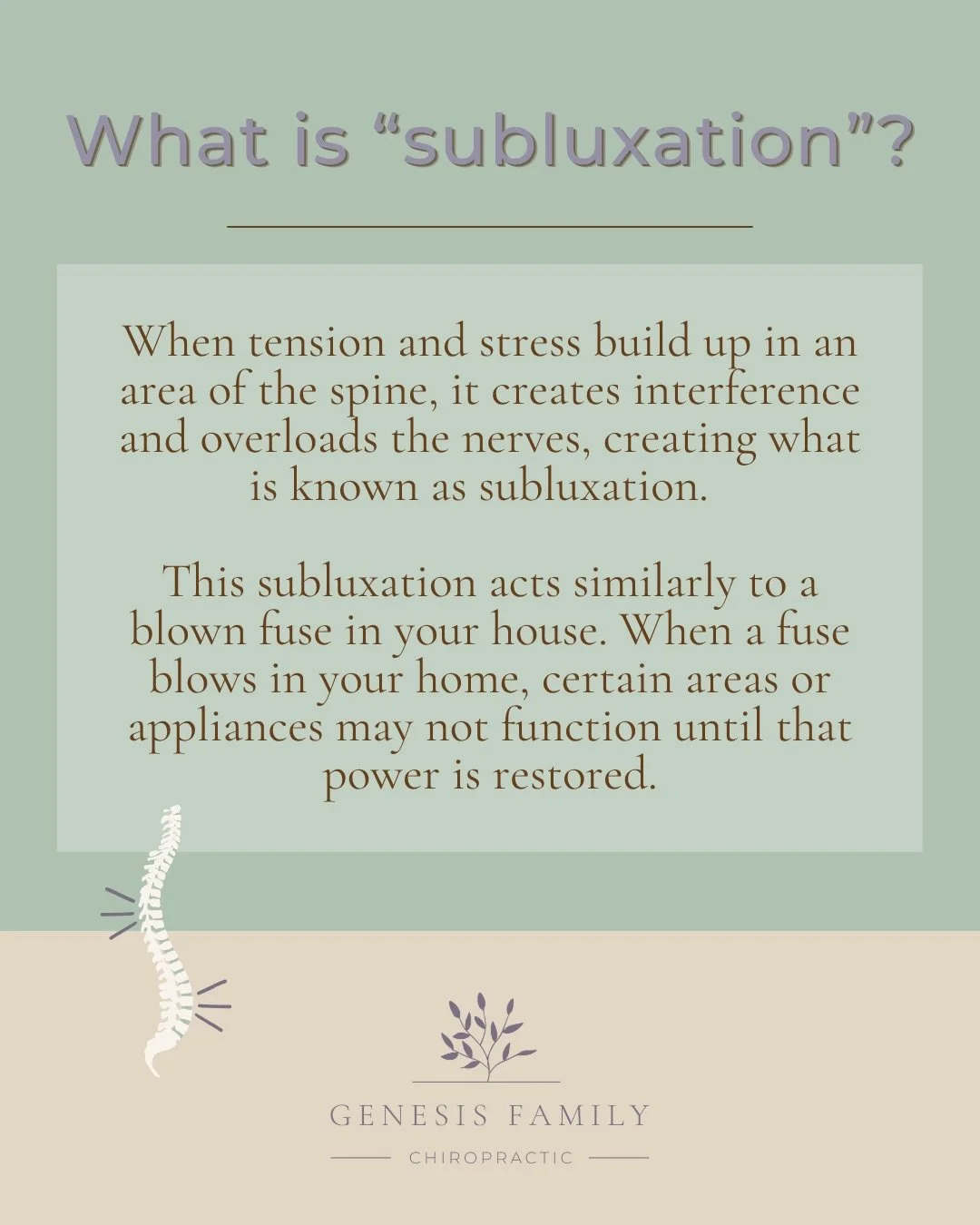 Ever feel like your body is running on low power? 🔋 It might be more than just stress; it could be subluxation.

In this week&rsquo;s post, we&rsquo;re breaking down what subluxation really is. 🧐 Think of your spine as your body&rsquo;s electrical 