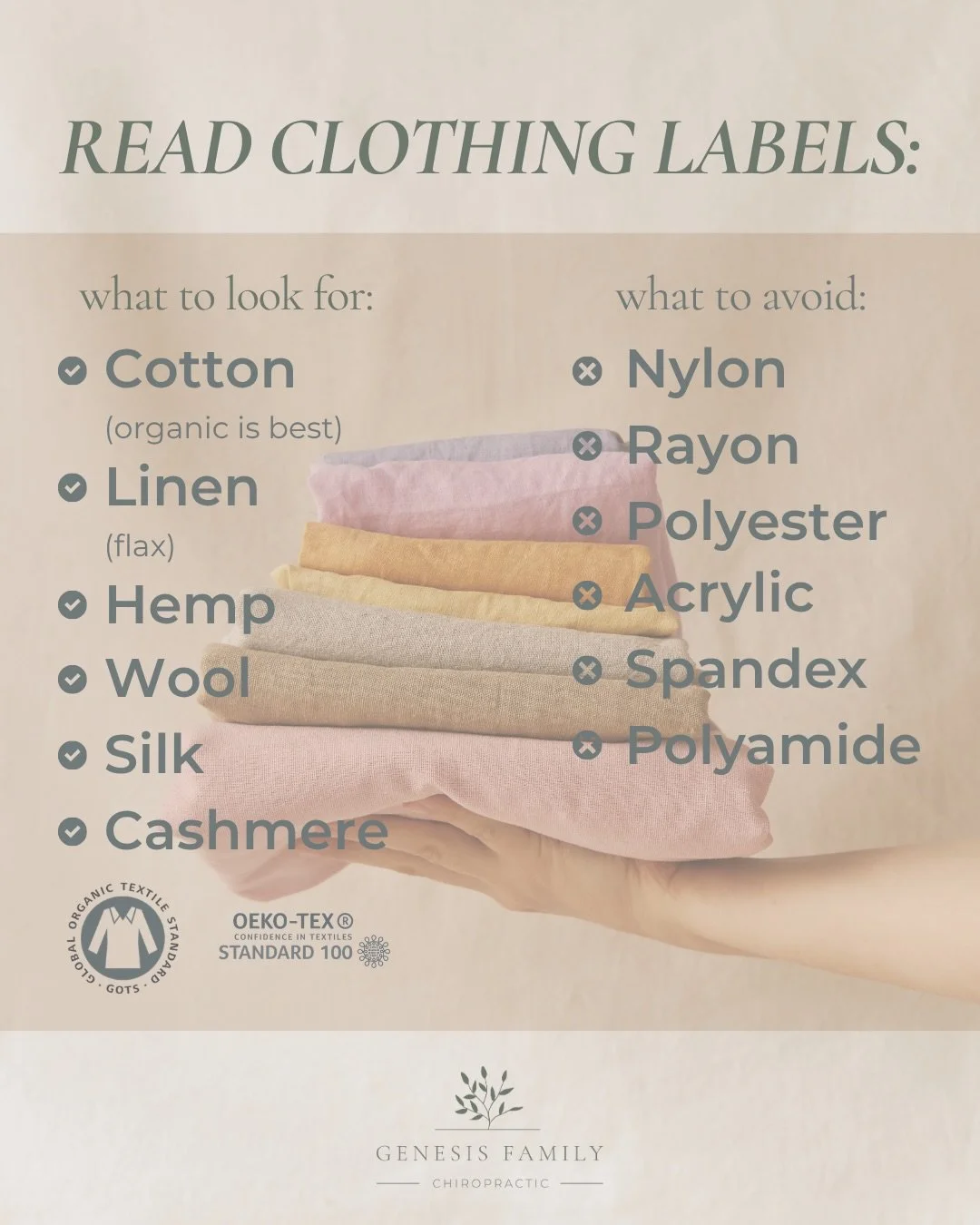 What we wear matters just as much as what we eat! 🌿👗

Did you know that your skin is your largest organ? Choosing natural fibers over synthetic ones can make a huge difference in your overall wellness. It&rsquo;s not about an overnight overhaul, bu