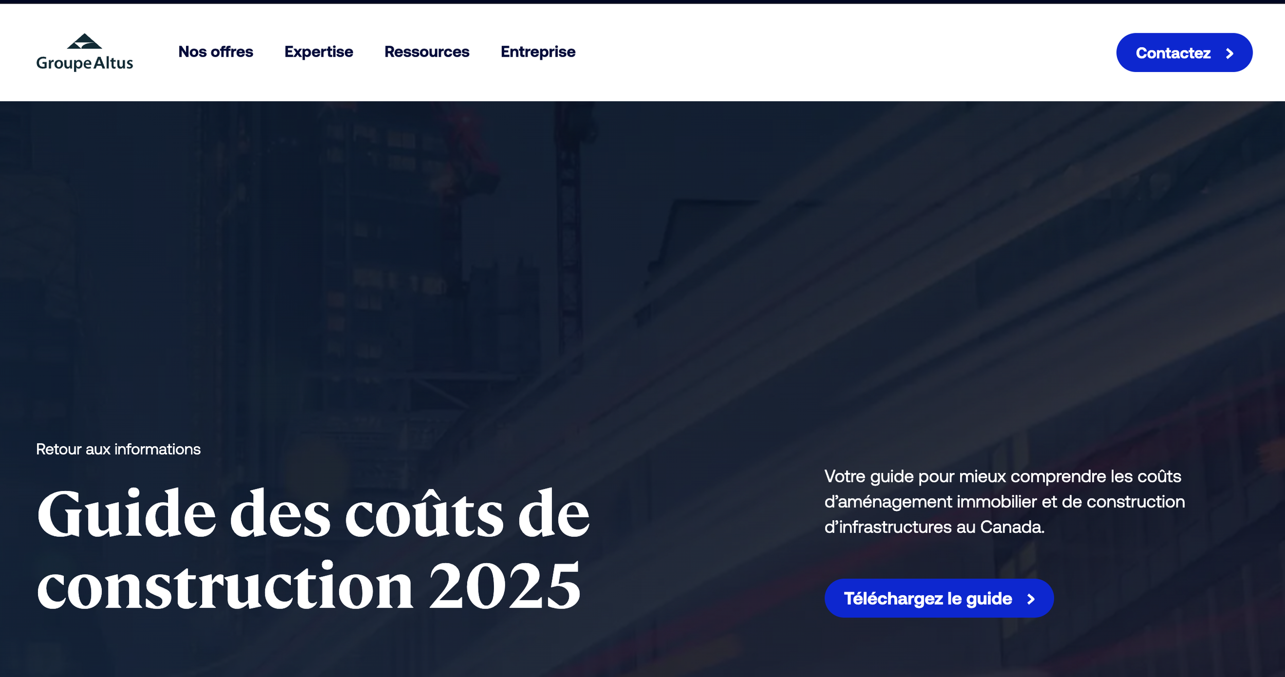 Guide des coûts de construction Altus. Un aperçu clair pour comprendre les coûts d’aménagement immobilier et de construction commerciale au Canada, incluant la planification budgétaire, les tendances du marché et les facteurs clés de coûts.