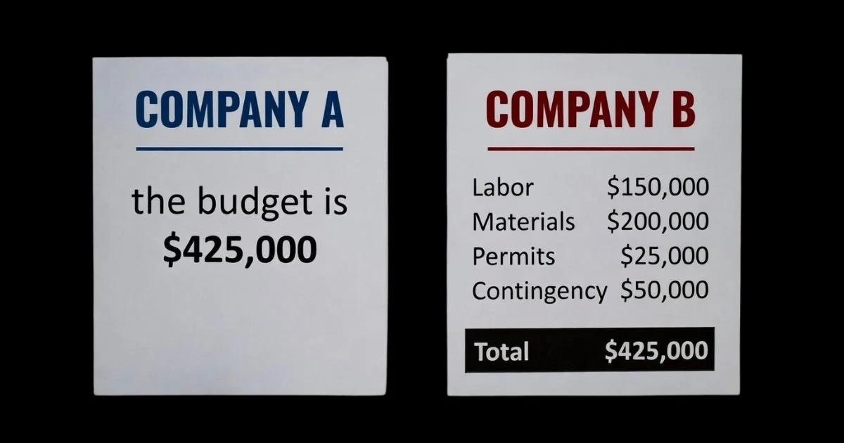 Deux entrepreneurs fournissent un budget pour le même projet.L'un donne des coûts détaillés et l'autre donne juste le total. Une comparaison qui soulève la question de transparence dans la communication dans l'industrie de la construction au Québec.