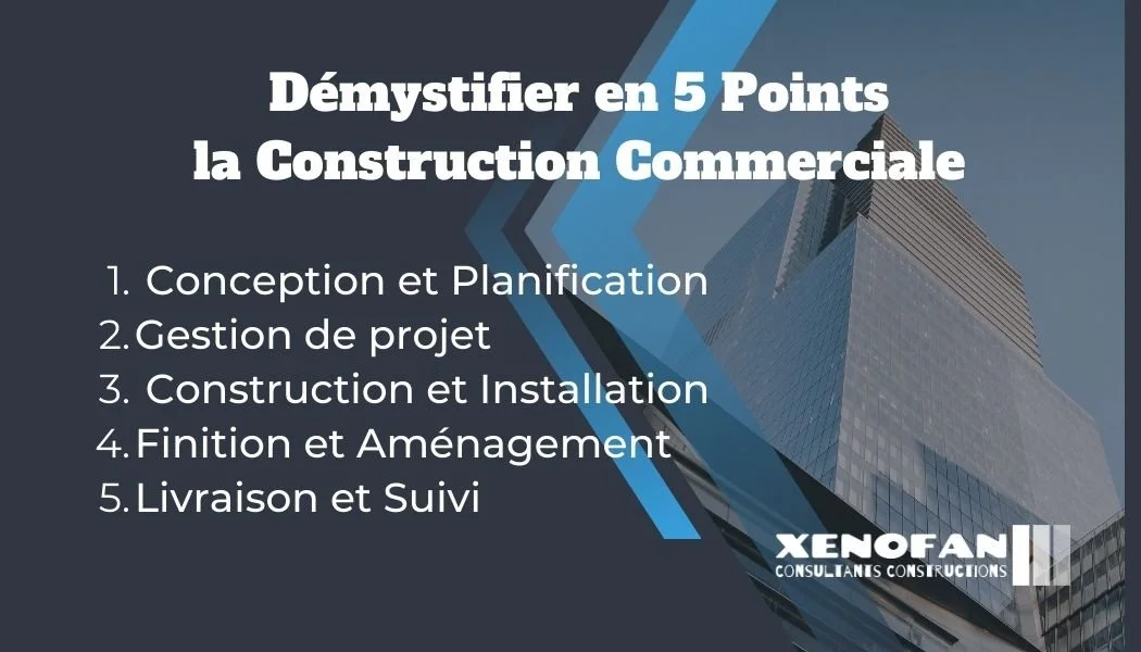 La construction Commerciale en 5 points: Planification, gestion de projet, Construction, Aménagement, Livraison. Xenofan Consultants, expertise en rénovation commerciale