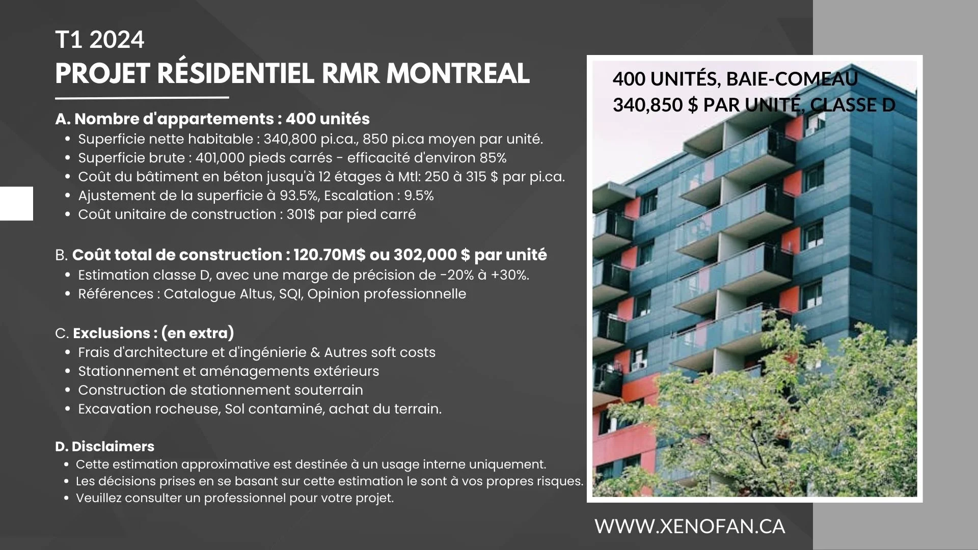 L'objectif de toute estimation des coûts de construction est de permettre au client de prendre une décision éclairée. Exemple d'estimation haut-niveau pour un projet residentiet de 400 unitées d'appartement. Comment developper ce genre de budget