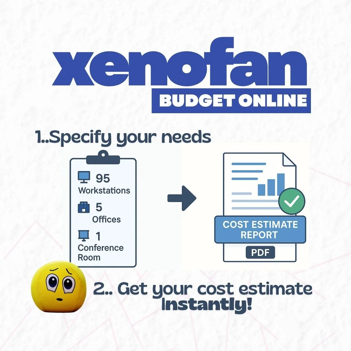 Infographie expliquant comment obtenir un rapport d'estimation des coûts en ligne pour des besoins spécifiques de bureau, comprenant la sélection de nombre de postes de travail, bureaux et salles de conférence, puis téléchargement du rapport en PDF.