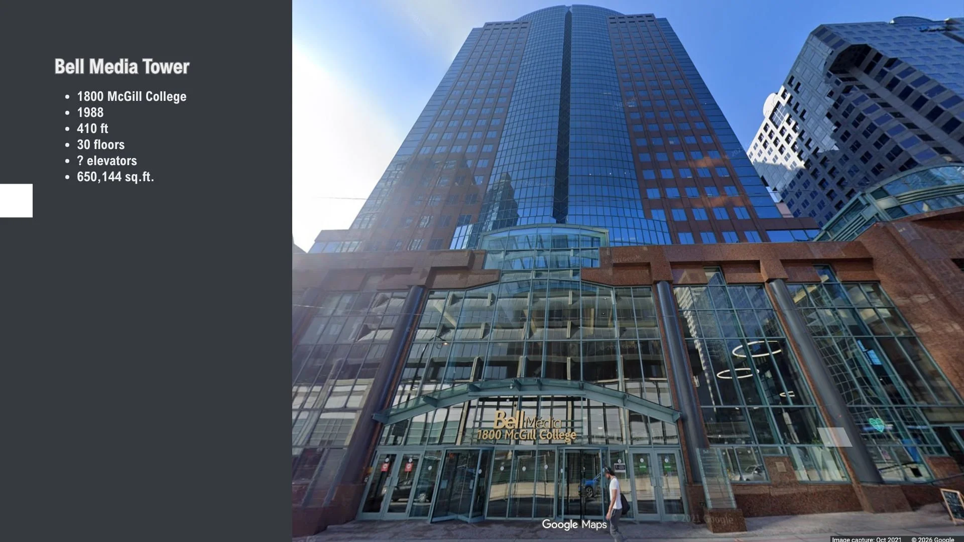 Anciennement Tour Bell Media située au 1800 McGill College, Montréal