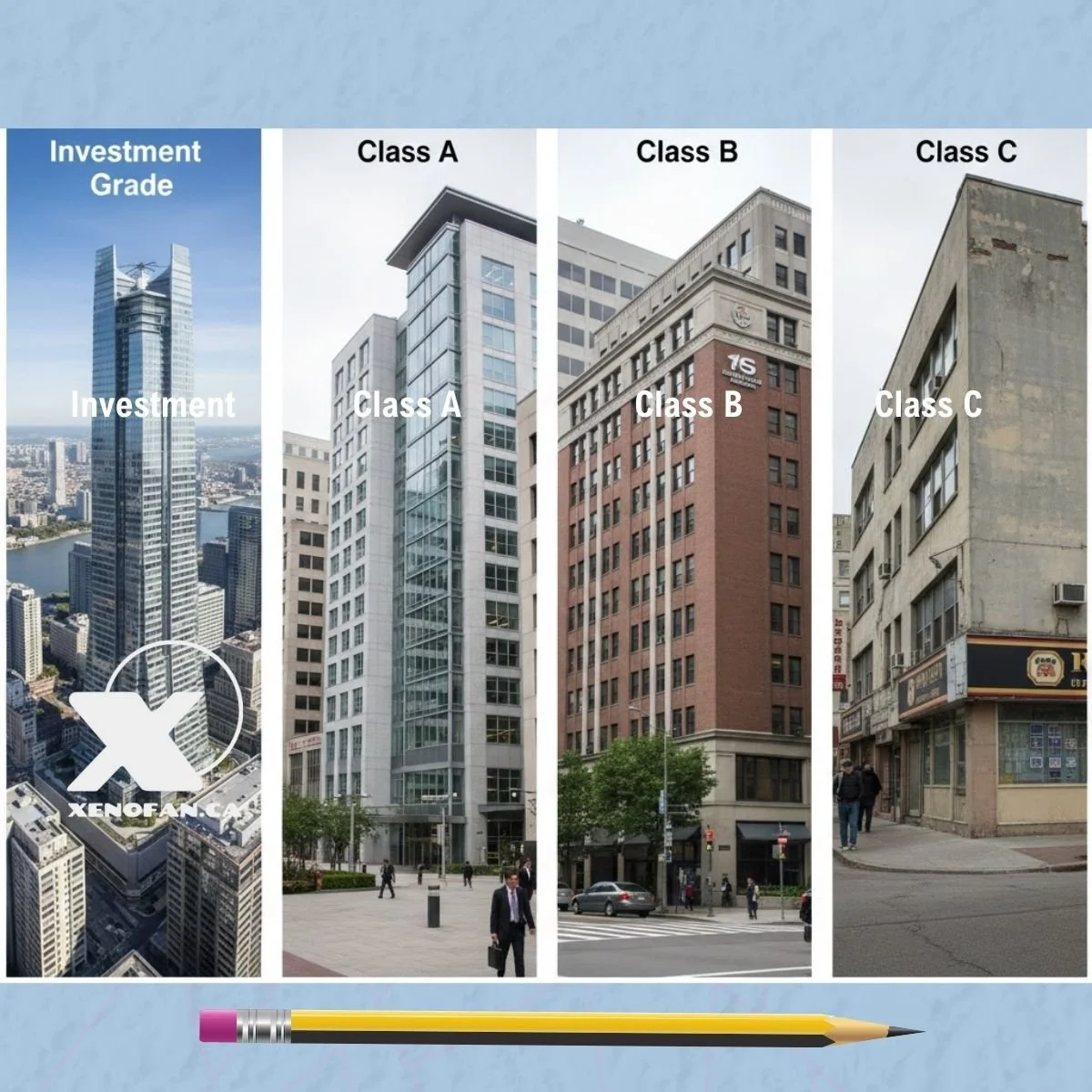 Image of four commercial buildings, investment grade, class A building, class B and class C buildings