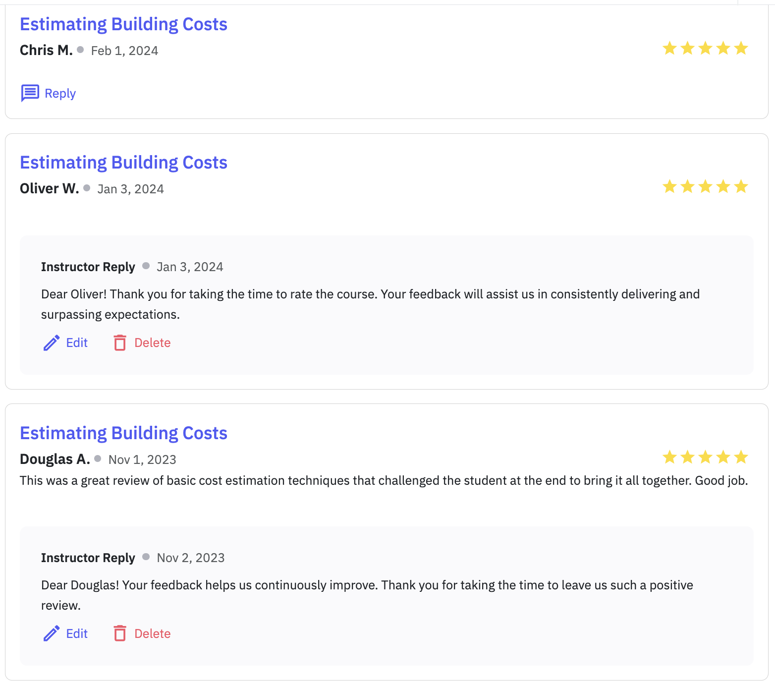 Estimating Building Costs. Cost estimation course reviews.