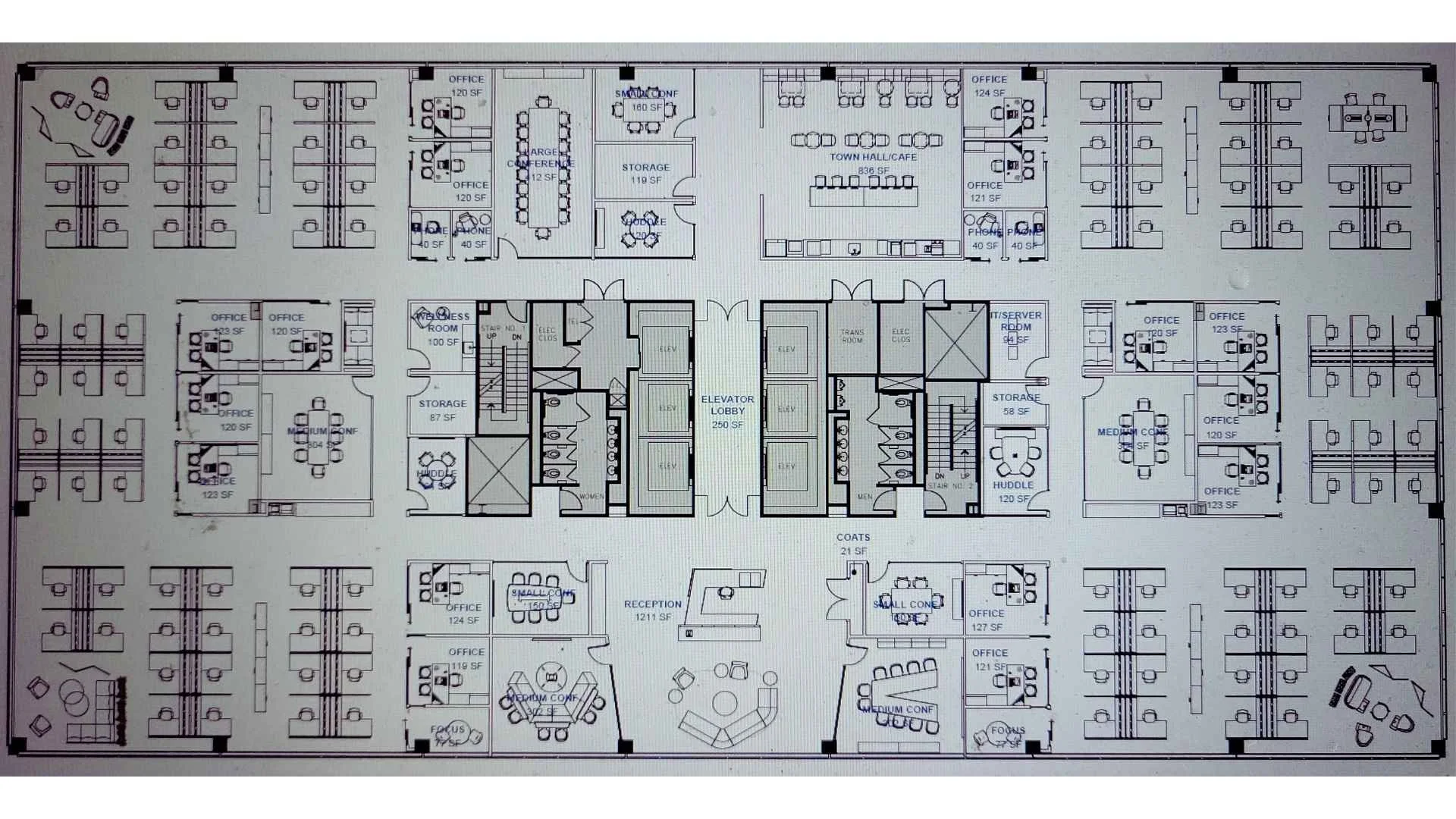 Test-fit for an office renovation project in a corporate real estate. it shows workstations, offices, meeting rooms and more for about 20000 square foot. It is used as example for developing early budgets and reduce risks.