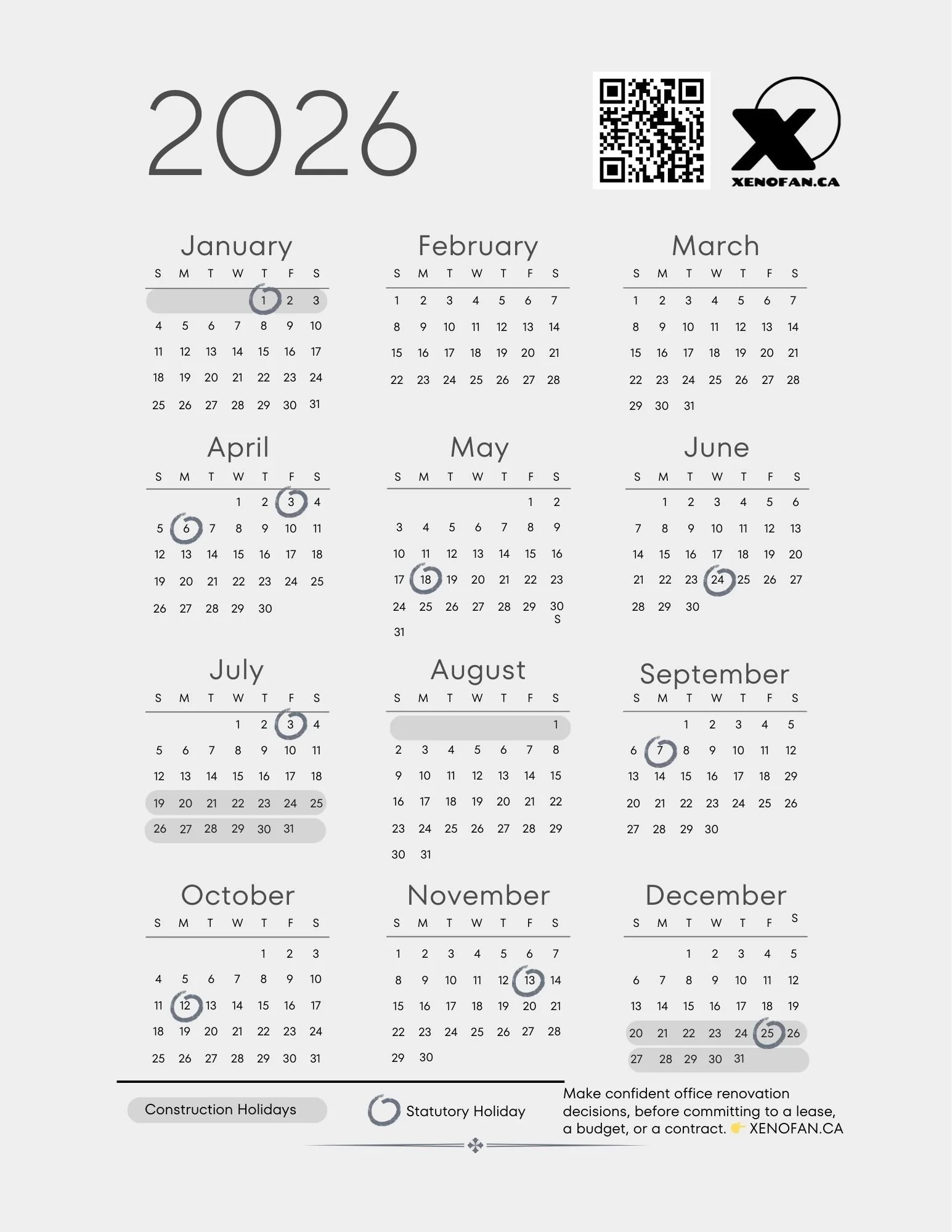 Construction Holidays Calendar in Quebec for 2026. Statutory holidays and others days that mut be considered for your office renovation projects in Montreal, Laval, and neighborhoods. Calendrier de la construction, Construction Calendar 2026 Quebec